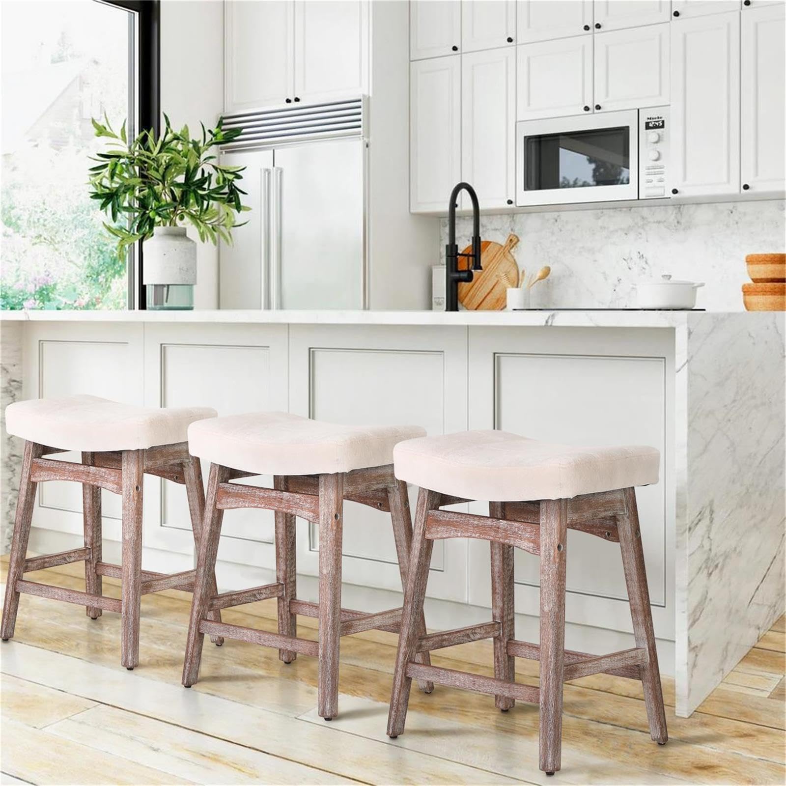 Sophia & William Modern White Bar Stools Set of 2 - 24 Inch Counter Height Bar Chairs with Linen Fabric Seat & Solid Wood Legs - Perfect for Kitchen Islands, Breakfast Bars, and Home Bars