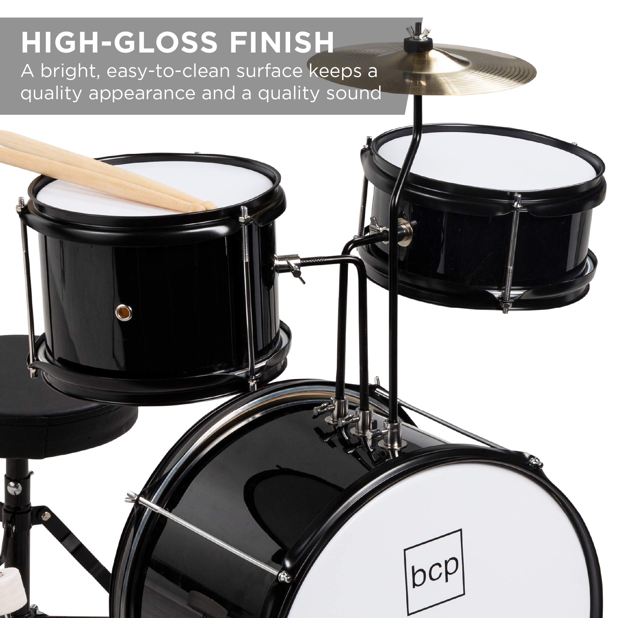 Best Choice Products 3-Piece Kids Drum Set for Beginners - Junior Drum Kit with Throne Stool, Cymbal, Drum Sticks & Bass Drum Pedal - Black - Perfect for Home Practice, Music Lessons & Kids Birthday Gifts