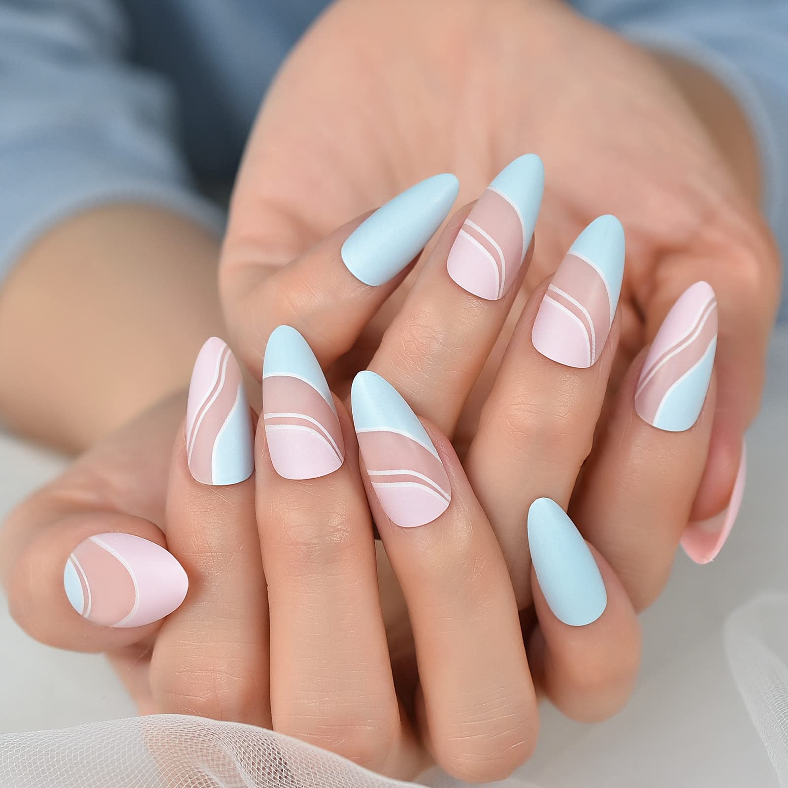 24pcs Press On Nails - Glossy Almond Medium Length with Pink & Blue Ripple Design, Reusable Acrylic False Nails for Manicure | Perfect for Daily Wear, Office & Home Use | Easy DIY Nail Art for Women & Girls