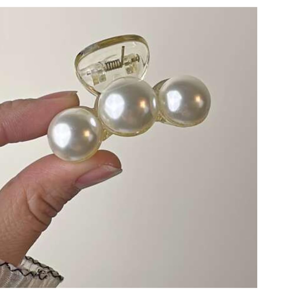 Korean Style 3-Piece Pearl Hair Claw Clip Set - Large Strong Hold Hair Jaw Clips & Barrettes for Women (White) | Perfect for Thick/Thin Hair Styling, Office, Wedding & Everyday Use