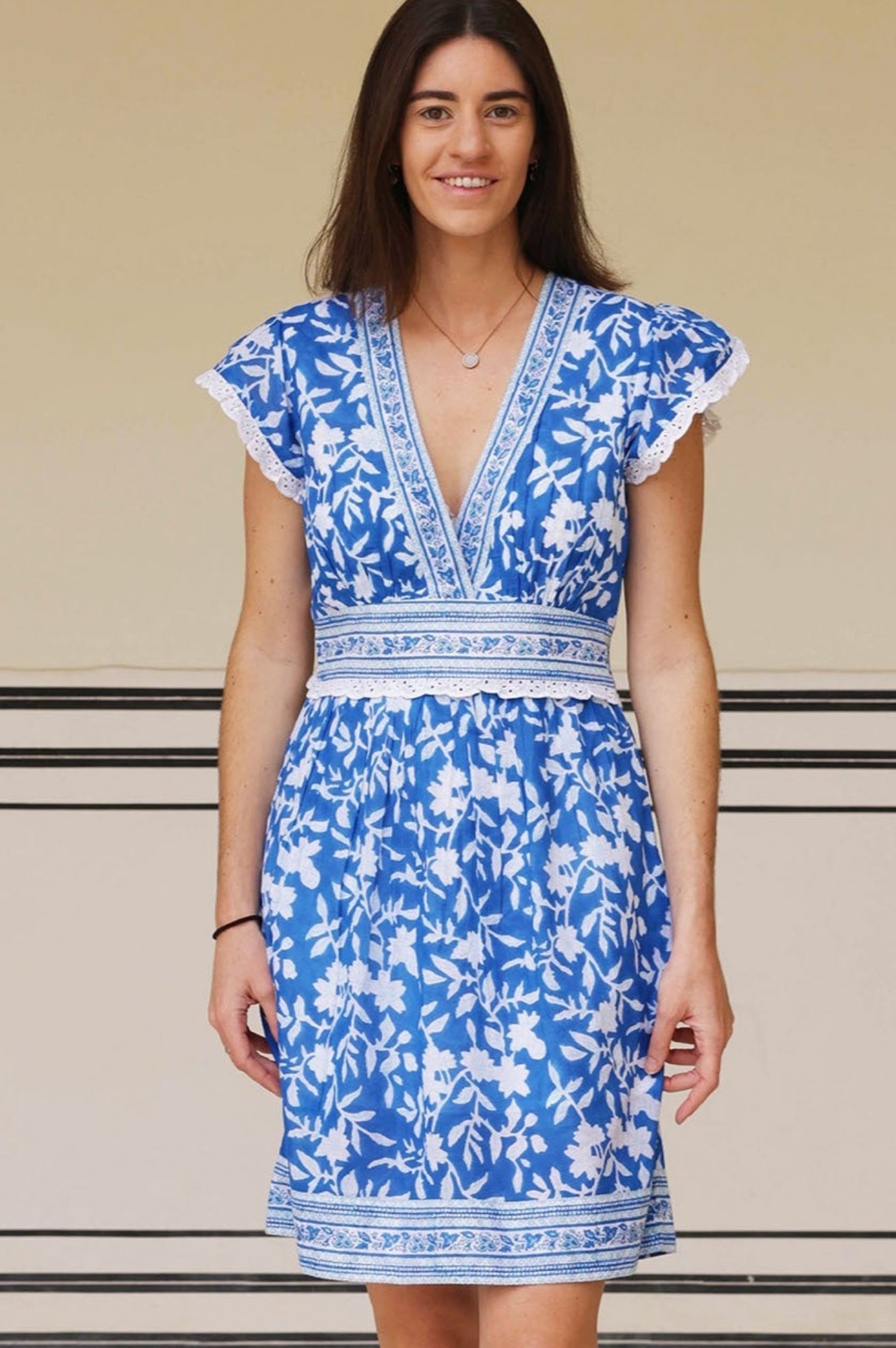 Pippa Block Print Mini Dress - Japanese Flower Cobalt Blue Summer Dress for Women | Perfect for Beach Vacation, Date Night & Casual Outings