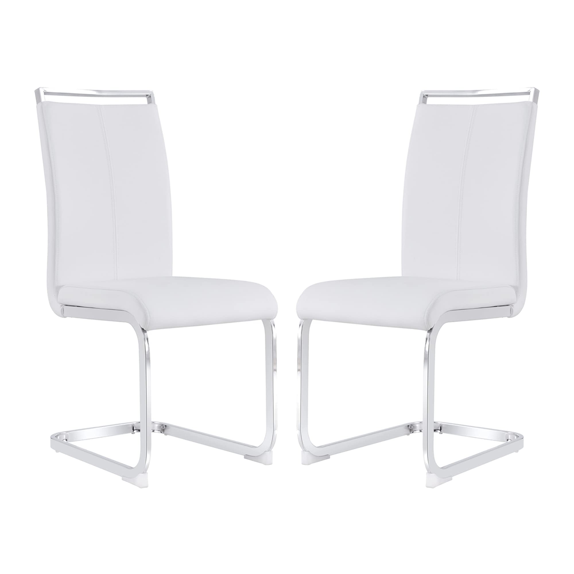 Modern Metal Dining Chairs Set of 2 - High Back Faux Leather Padded Seats with Sturdy Chrome Legs - White Kitchen & Dining Room Chairs for Home, Restaurant, or Office Use