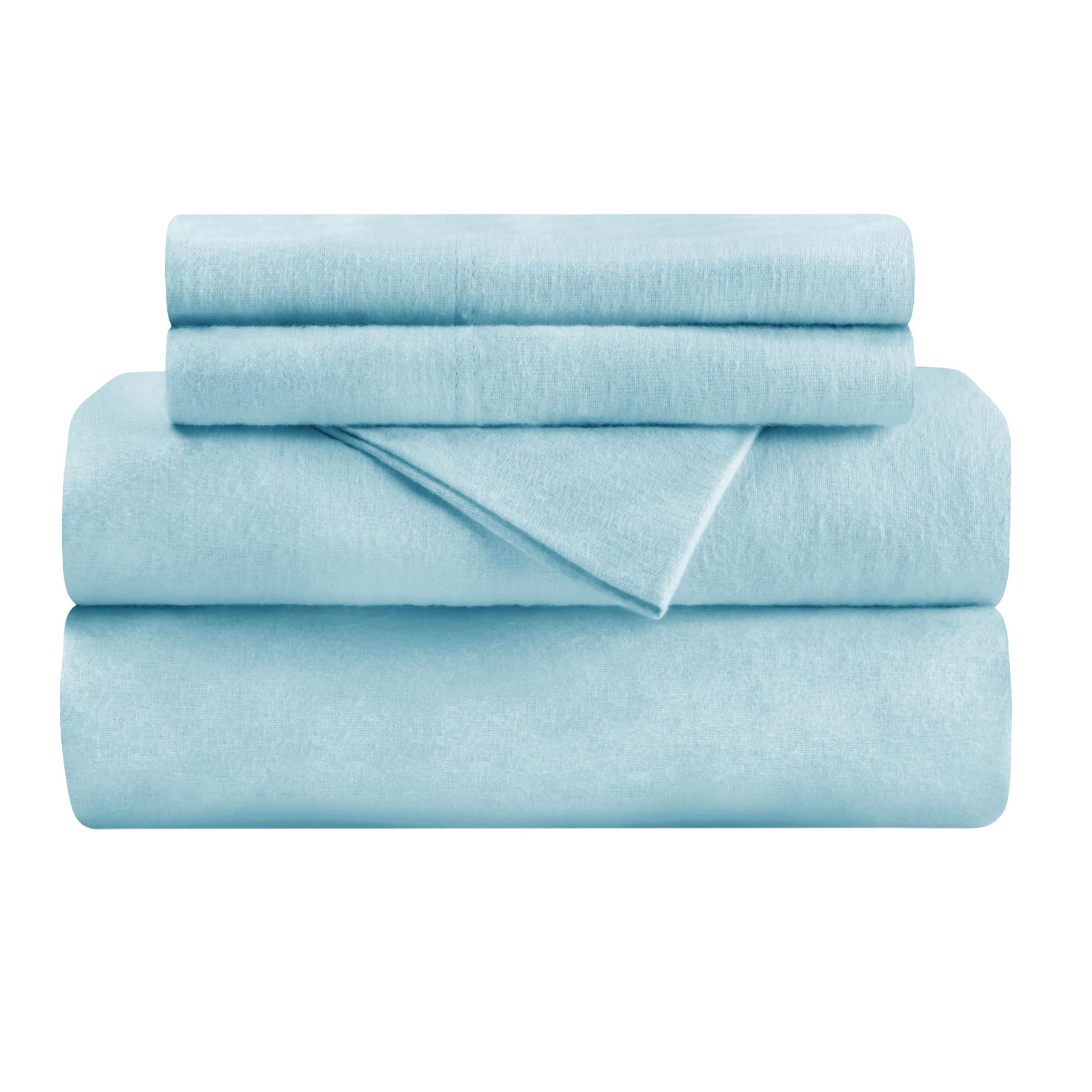 Premium Flannel Cotton Bed Sheet Set - 4 Piece (1 Flat Sheet, 1 Fitted Sheet, 2 Pillowcases) - Breathable Soft Queen Size Bedding - Light Blue Solid Color - Perfect for Cozy Winter Nights & Guest Room Comfort