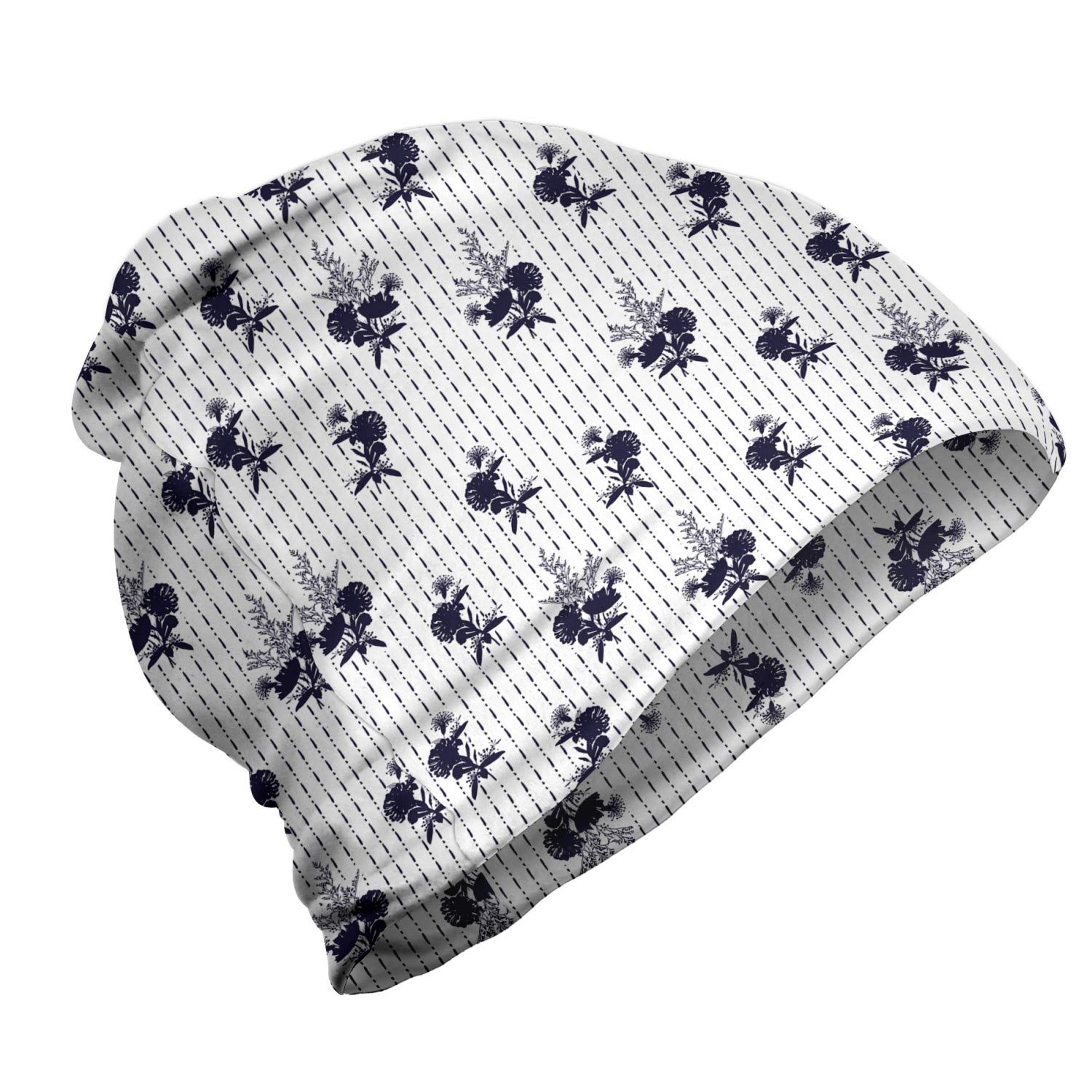 Ambesonne Unisex Beanie Hat - Floral & Dashed Line Design - Warm Winter Knit Cap for Men & Women - Perfect for Hiking, Camping, and Outdoor Activities