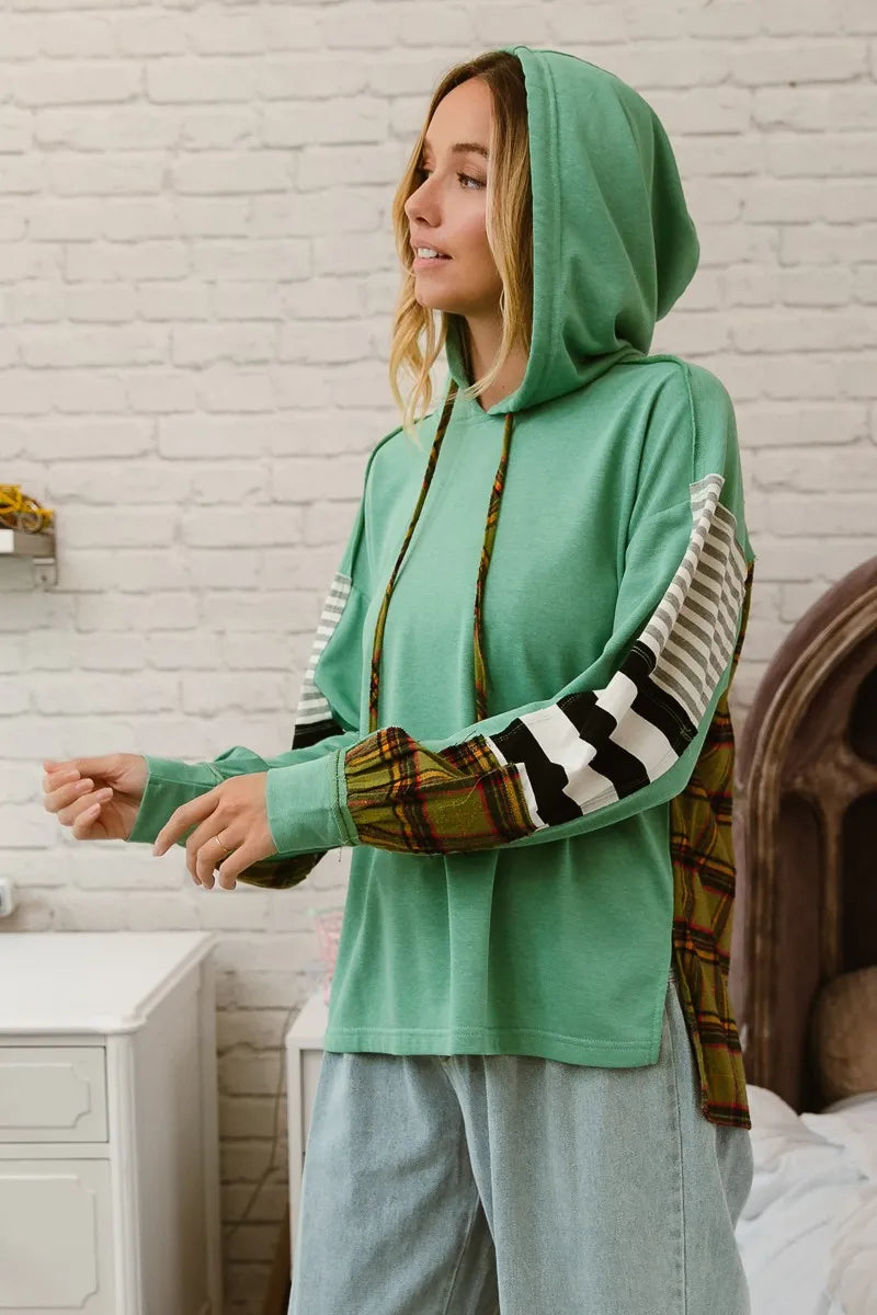 BiBi Plaid & Stripes French Terry Hoodie for Women | Cozy Mix & Match Pullover | Perfect for Casual Outfits, Loungewear & Fall Layering