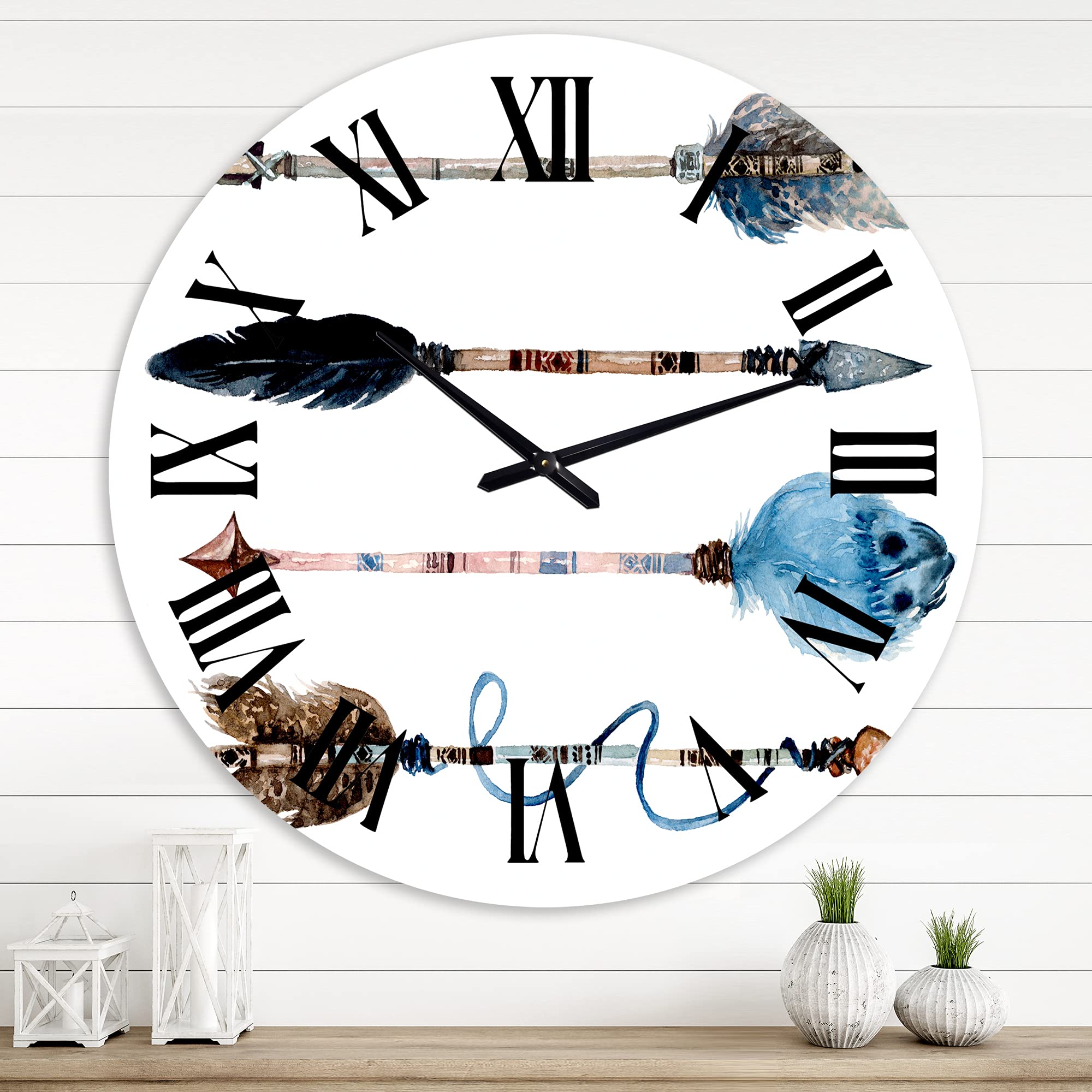 Bohemian Eclectic Wall Clock - Ethnic Feathers & Flowers on Native Arrows IV - Large Decorative Clock for Home, Office & Living Room Decor - Perfect for Boho, Vintage & World Culture Inspired Interiors