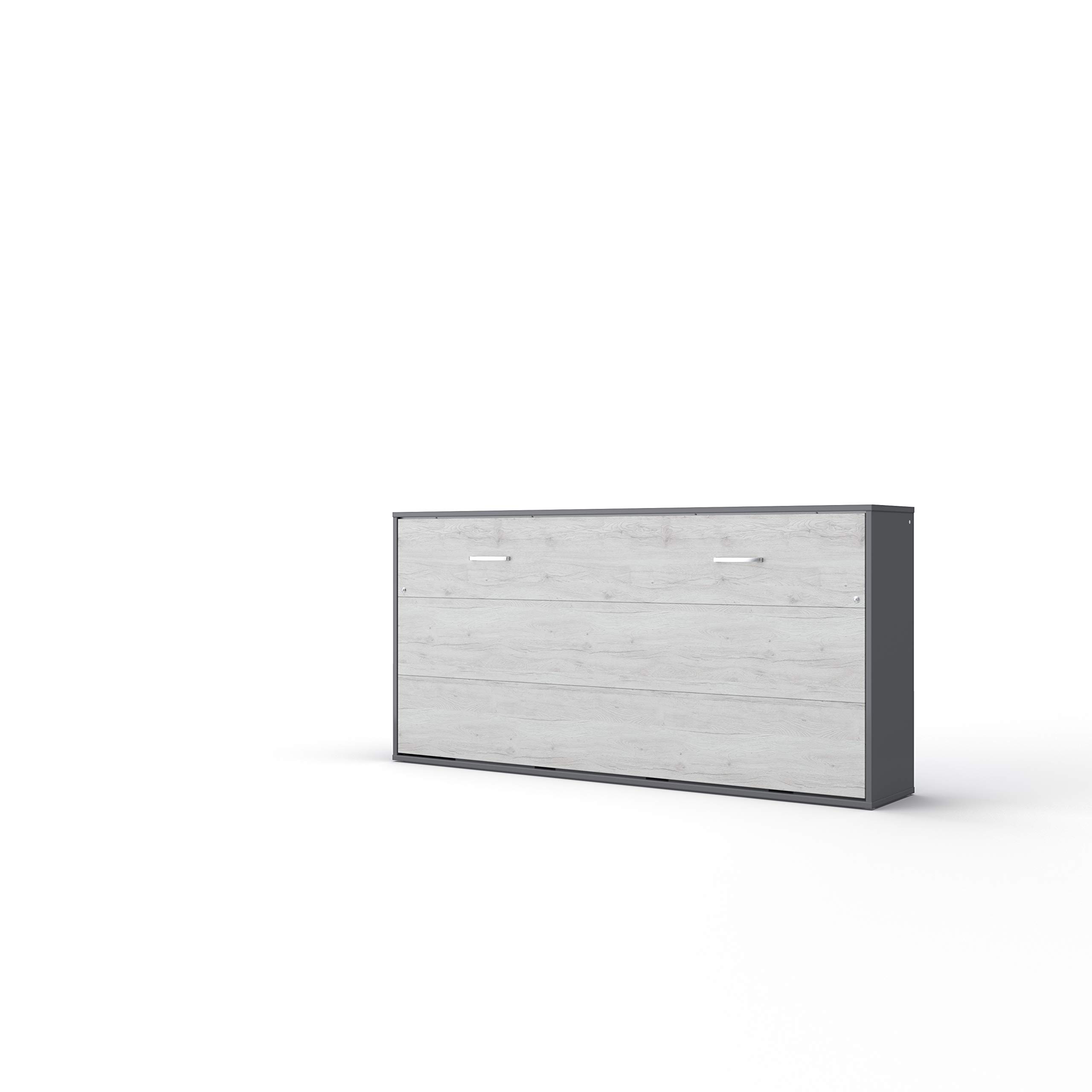 Horizontal Wall Bed with Twin Size Mattress & Top Cabinet - Grey/White Monaco Style | Space-Saving Murphy Bed for Small Apartments, Guest Rooms & Home Offices