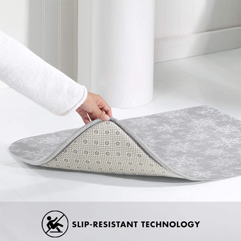 Non-Slip Washable Bath Mat - 20x30 Inch Gray & White Snowflake Design - Cozy Bathroom Rug for Christmas Decor, Bedroom, Kitchen Floor - Indoor Home Decor
