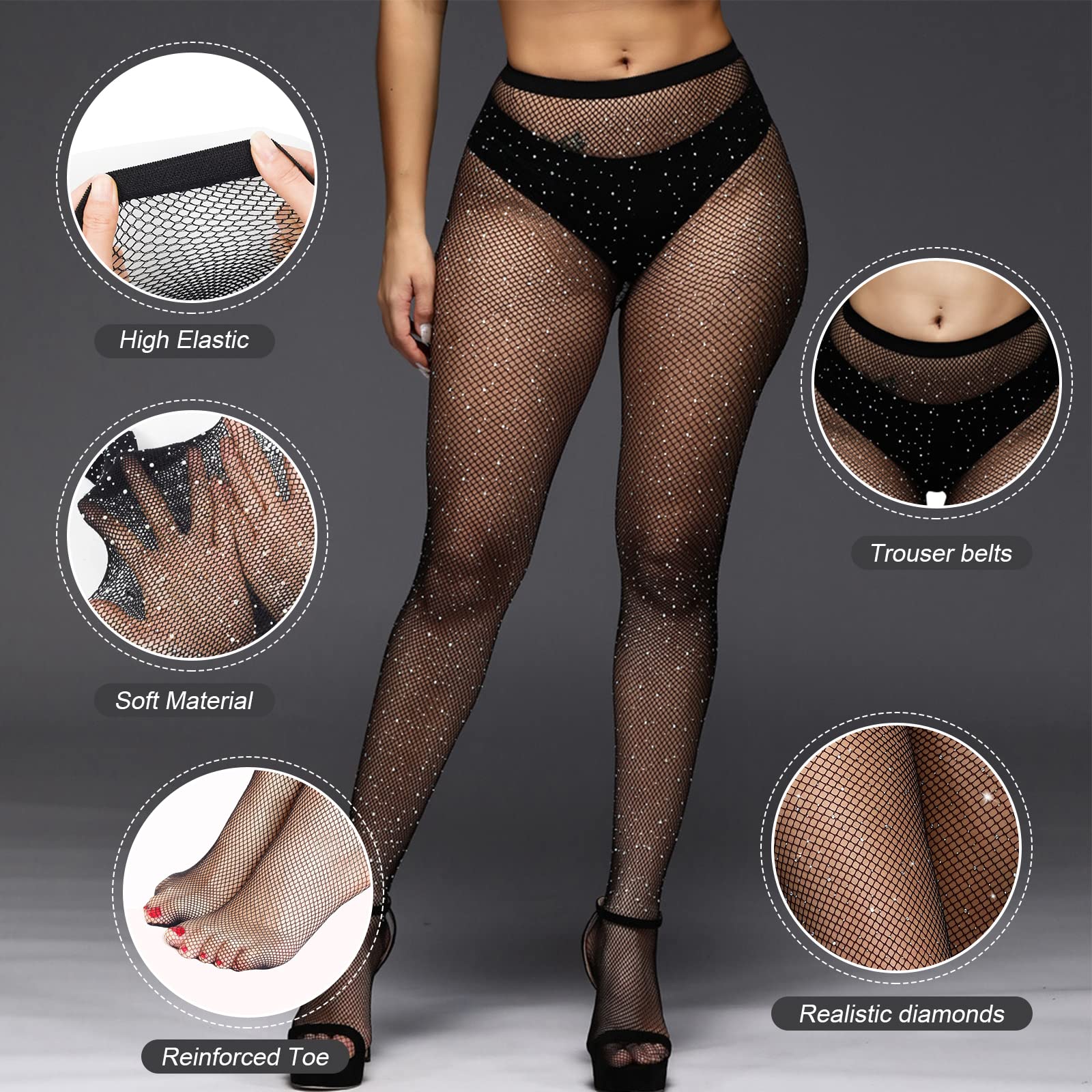 Sparkly Rhinestone Fishnet Tights Bodysuit for Women - High Waisted Diamond Glitter Stockings, Crystal Pantyhose - Perfect for Night Club, Party, Cosplay & Festive Occasions