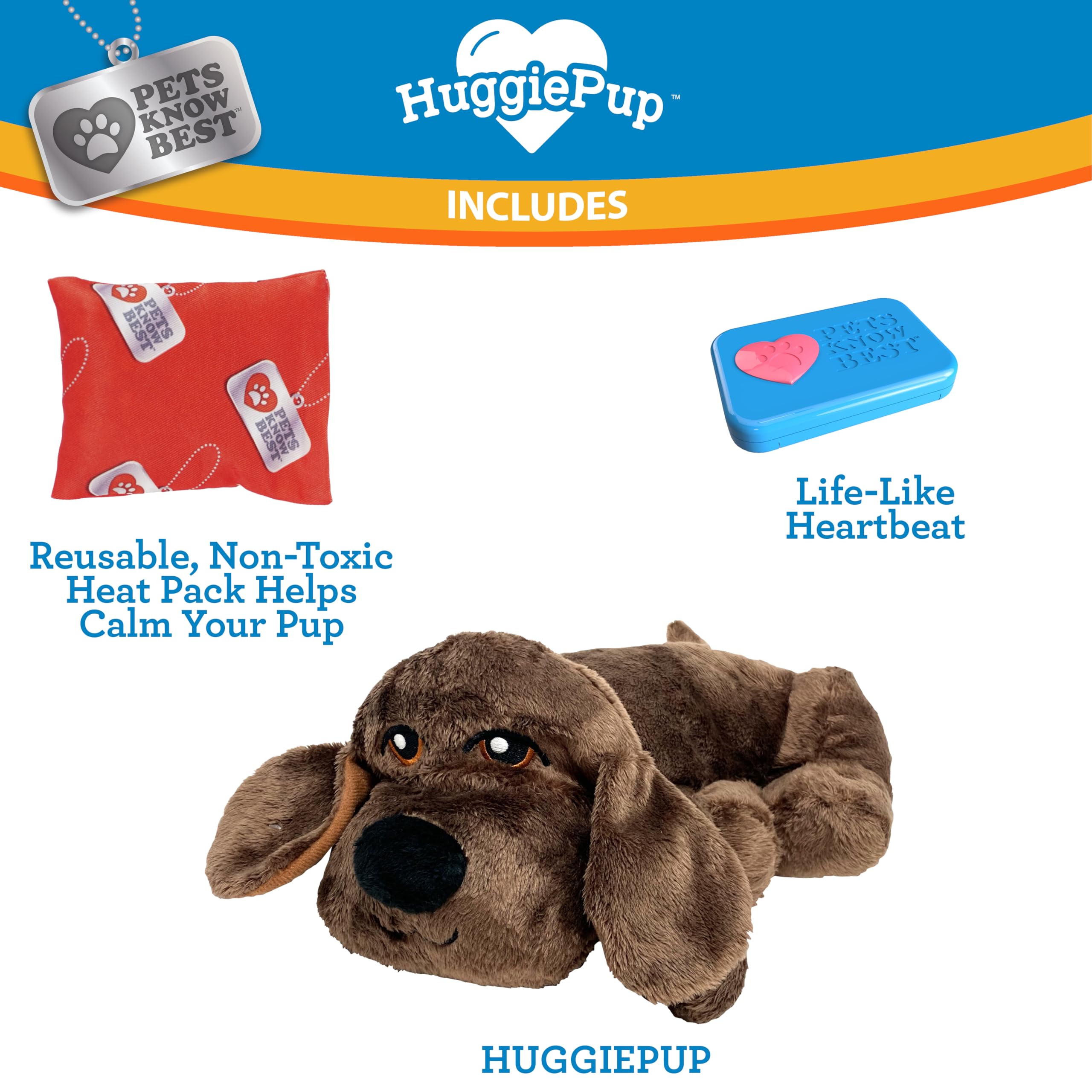 HuggiePup Puppy Behavioral Aid Toy with Pulsing Heartbeat & Heating Pack - Perfect for Crate Training & Anxiety Relief - Chocolate Dog Plush for Comfort & Stress Reduction - Ideal for New Puppies, Separation Anxiety & Vet Visits