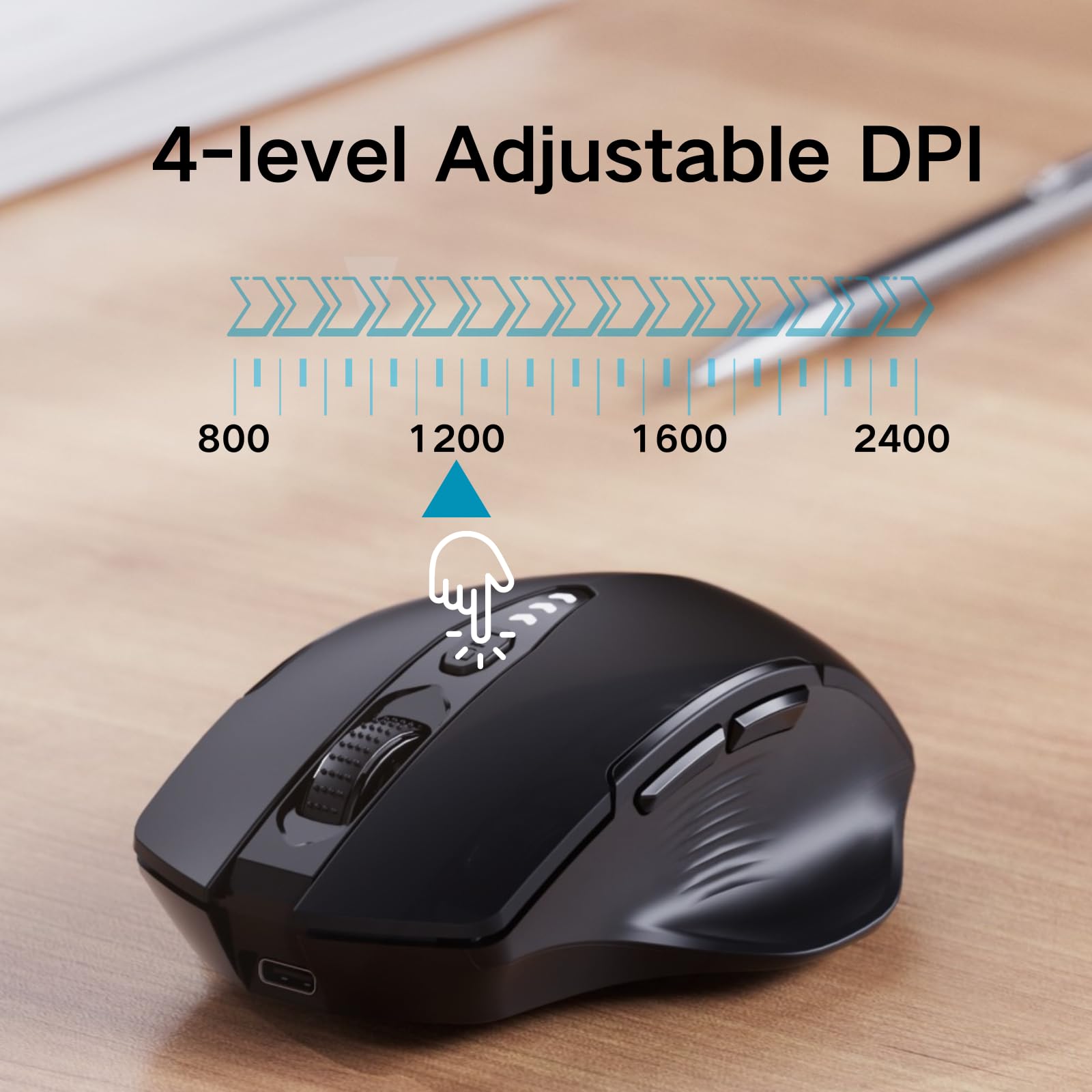 Upgraded Rechargeable Wireless Mouse - Bluetooth 5.0/4.0 & 2.4GHz Dual Mode, Visible Battery Level, 4 Adjustable DPI, Ergonomic Computer Mouse for MacBook Chromebook Laptop PC (Black) - Perfect for Office Work, Gaming, and Travel Use