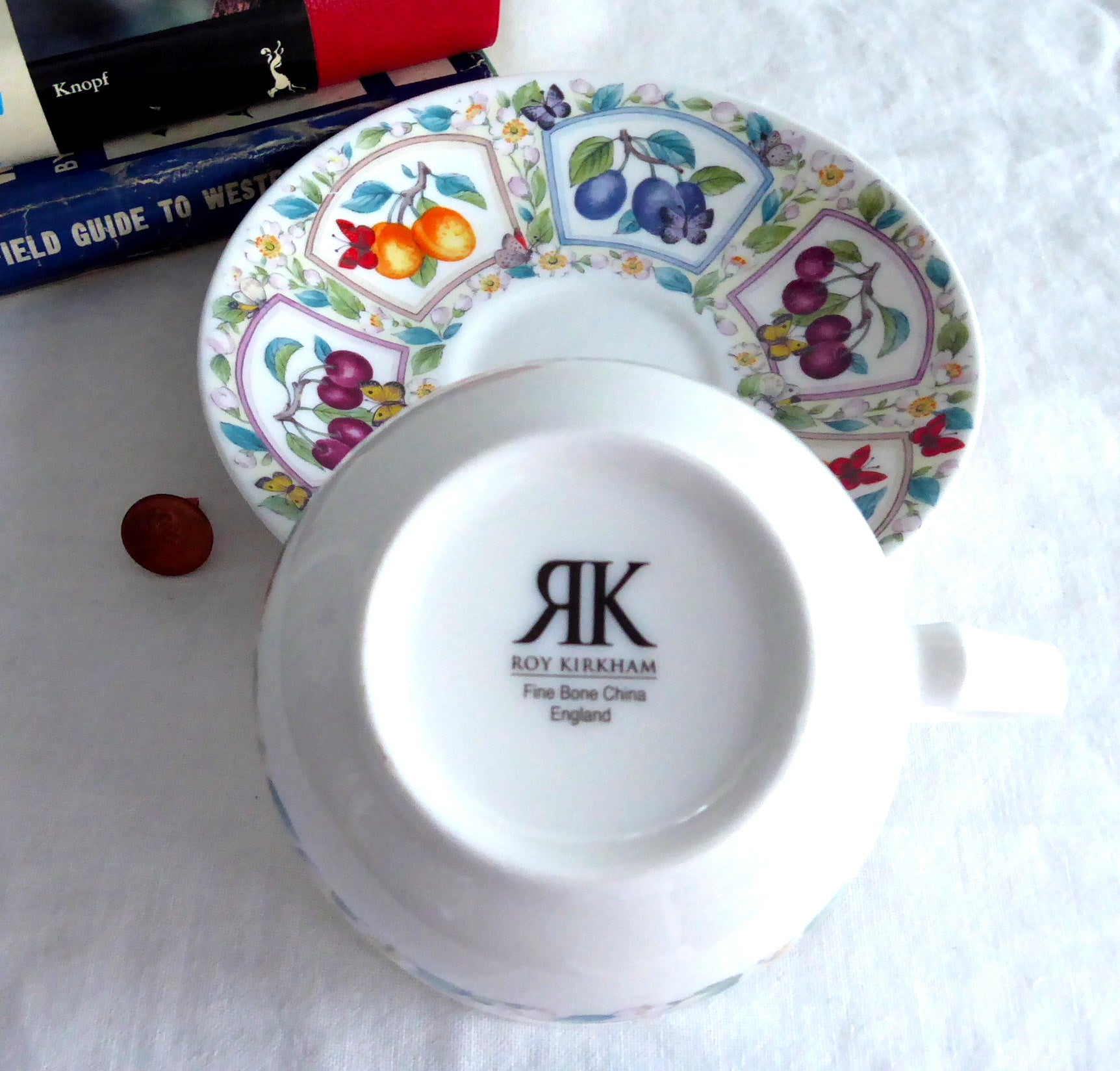 Roy Kirkham Bone China Breakfast Cup and Saucer Set with Prunus Fruit & Butterfly Design - Elegant Tea Set for Morning Coffee, Afternoon Tea, and English Breakfast (6.5 oz)