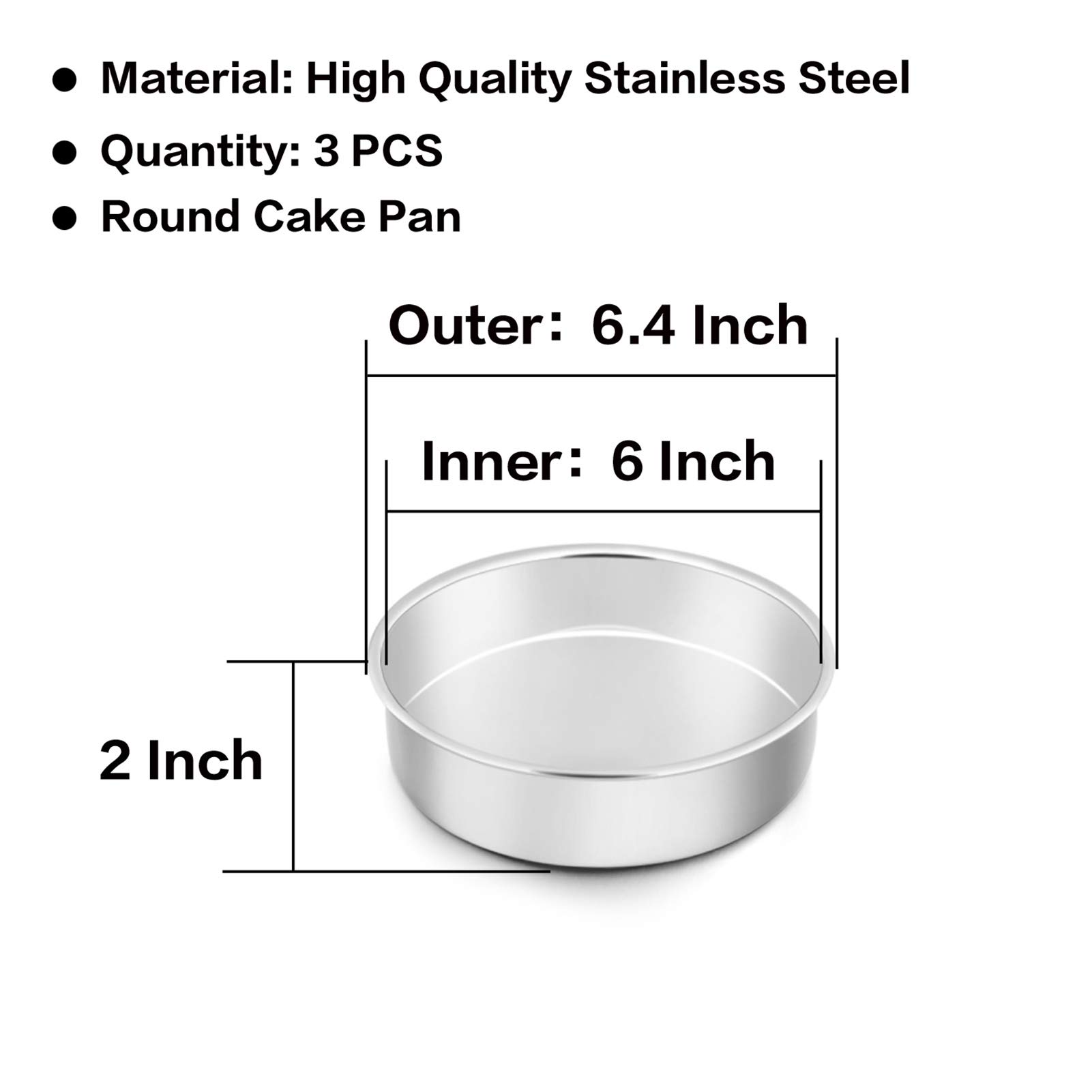 6 Inch Round Cake Pan Set of 3 - Stainless Steel Baking Pans for Oven, Air Fryer & Pressure Cooker - Non-Toxic, Mirror Finish, Dishwasher Safe - Perfect for Birthday Cakes, Cupcakes & Desserts