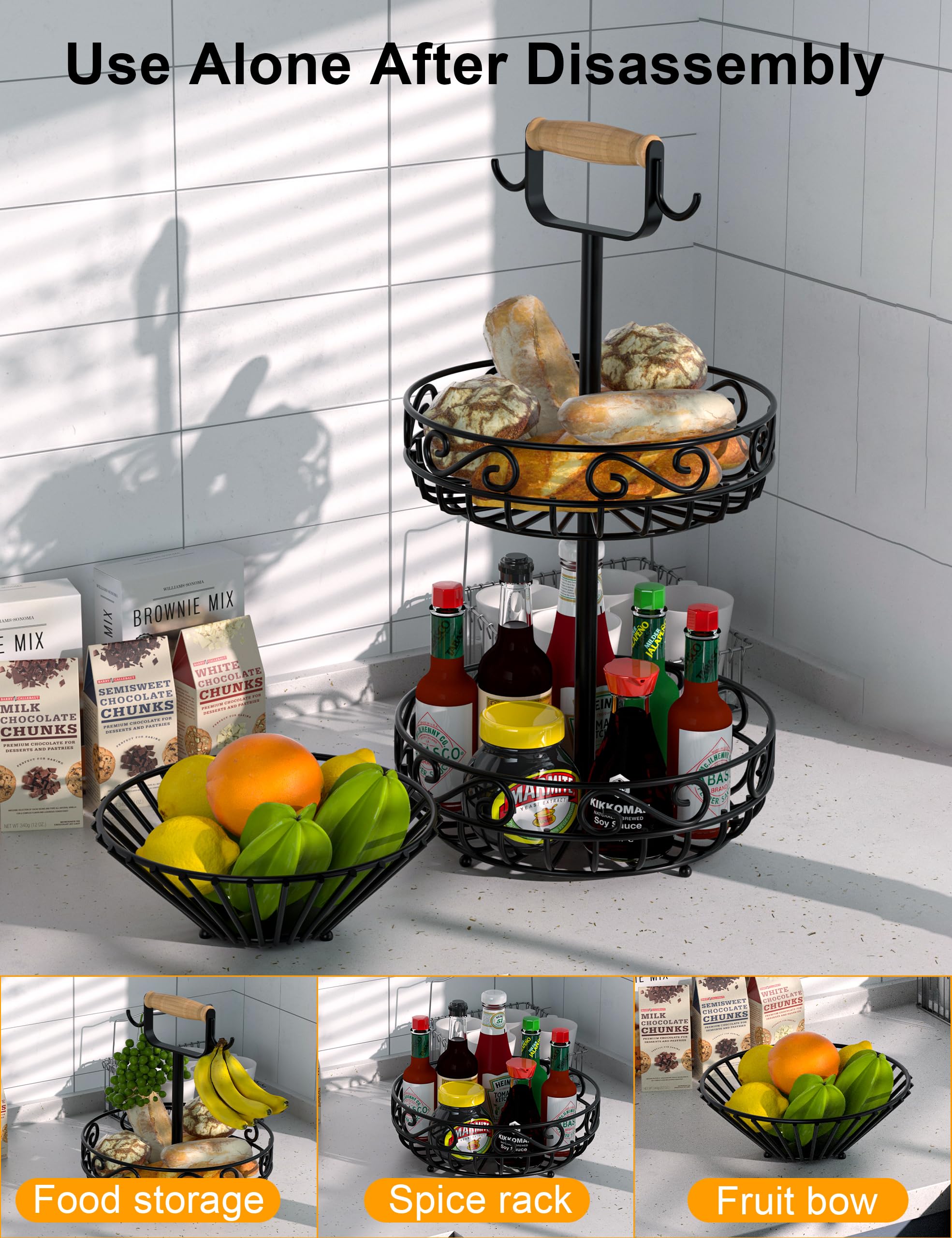 2-Tier Bamboo Fruit and Vegetable Basket with Banana Hanger & Wood Handle - Kitchen Counter Storage for Bread, Onions, Potatoes, Produce - Perfect for Organizing Fruits, Veggies in Pantry or Dining Room