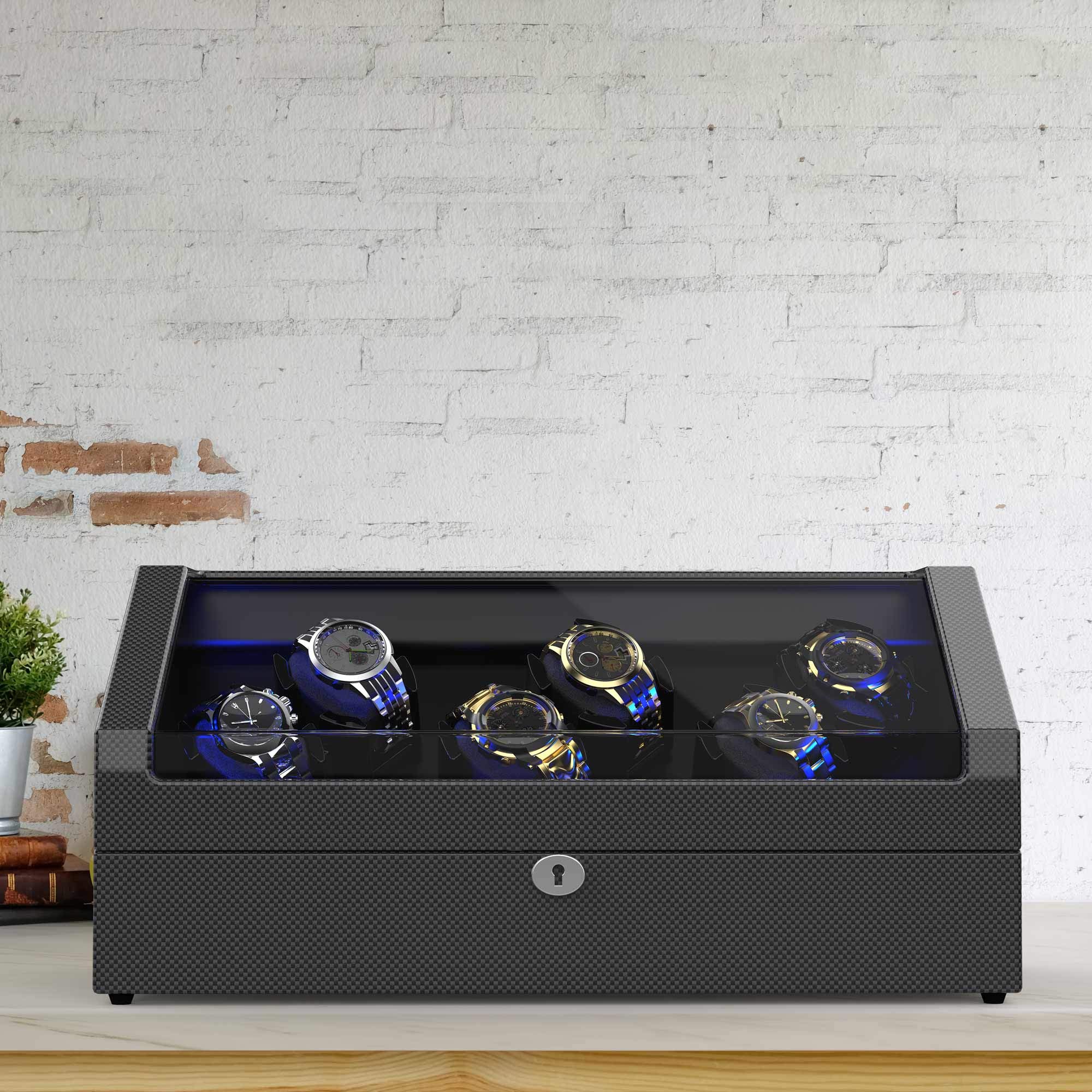 Premium 12 Automatic Watch Winder with Carbon Fiber Shell - Adjustable Watch Pillows, LED Lighting & 6 Extra Storage Slots | Perfect for Watch Collectors, Display Cases & Luxury Home Decor