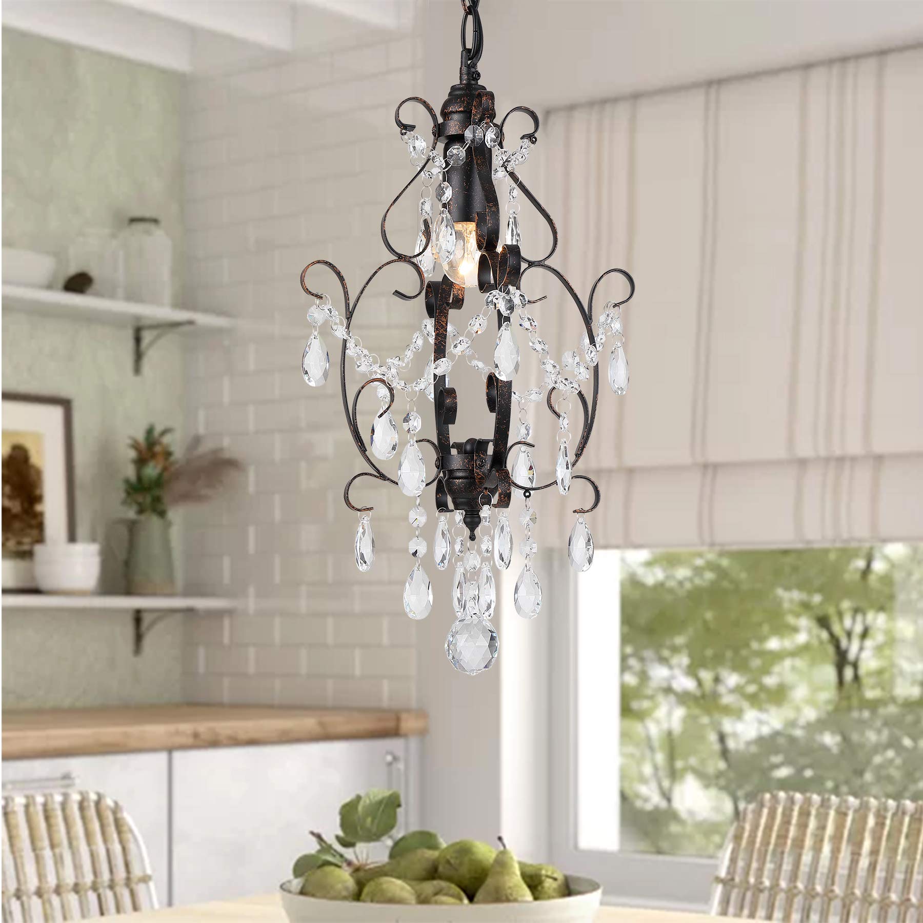 Mini Bronze Crystal Plug-in Chandelier - 1-Light Hanging Fixture with 14.27 Ft Cord & On/Off Switch for Bedroom, Dining Room, Living Room | Elegant Lighting for Home Decor, Weddings & Special Events