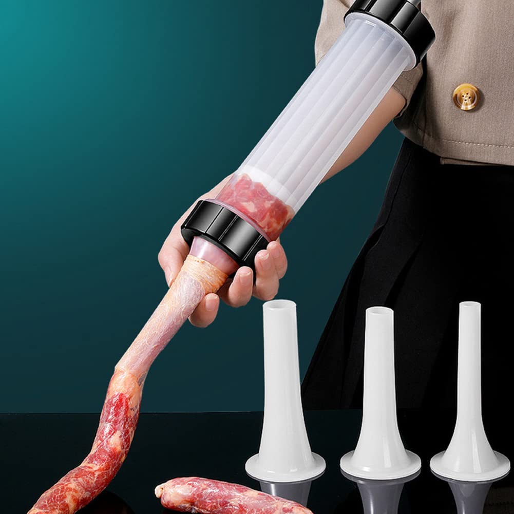 **Heavy Duty Plastic Hand Push Sausage Maker with 3 Nozzle Tubes - Meat Stuffer & Filler for Homemade Sausages - Perfect for Christmas, BBQ, and Home Kitchen Use**