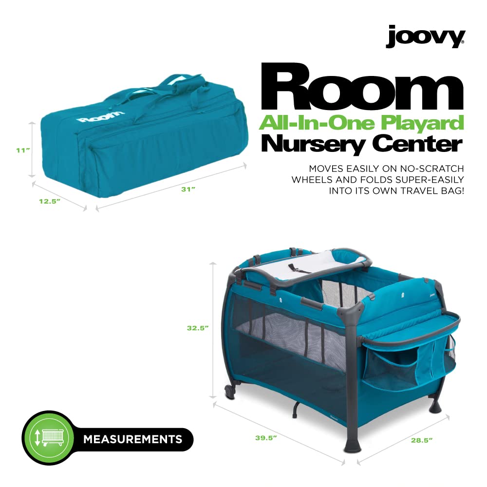 Joovy Room-Playard - Portable Baby Playpen with Bassinet, Changing Table & Nursery Center | Safe Play Yard for Infants & Toddlers | Ideal for Home, Travel & Daycare (Turquoise)