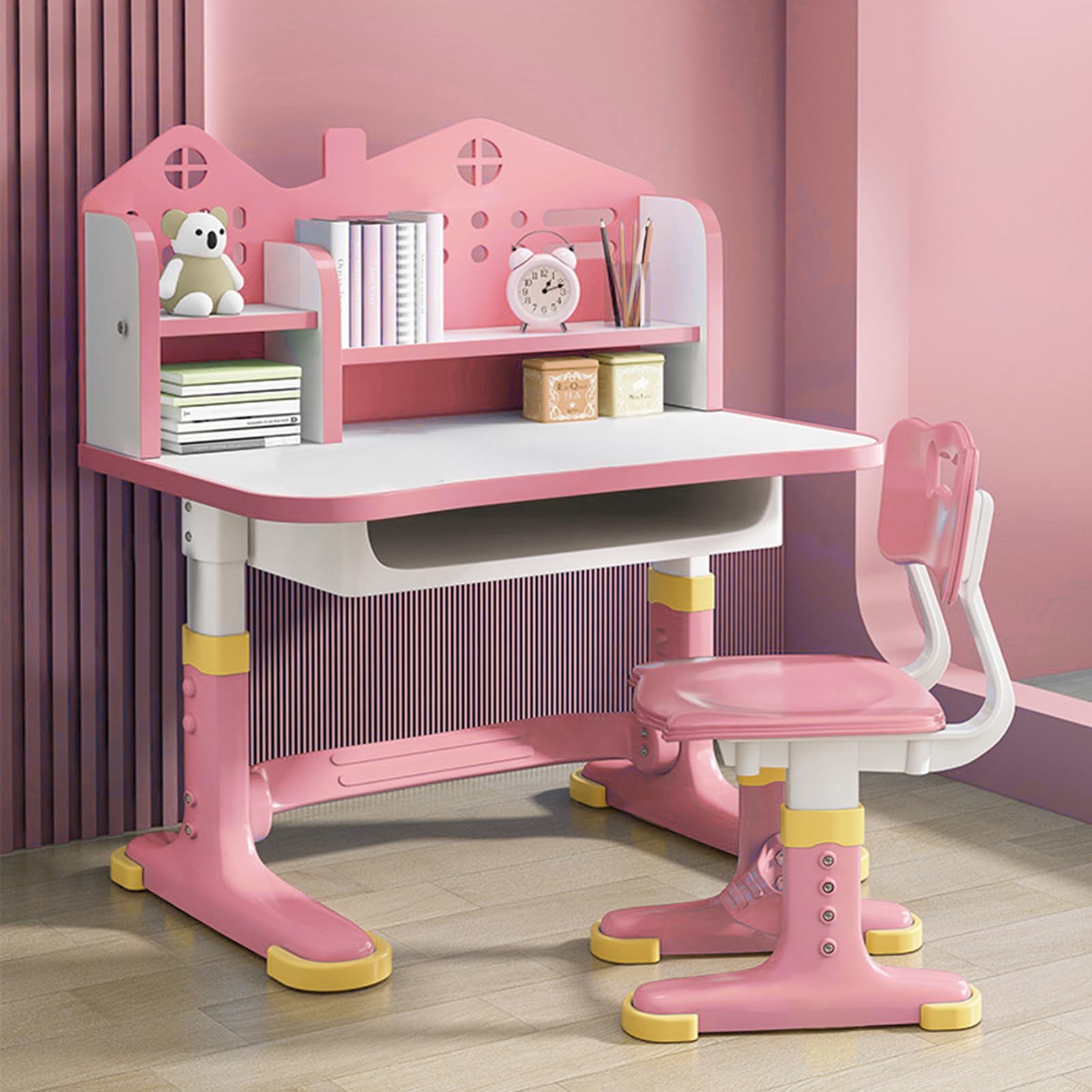 Adjustable Kids Study Desk and Chair Set with Bookstand & Storage Drawer - Cartoon Pattern Children's Learning Table for Girls - Perfect for Homeschooling, Online Classes & Bedroom Study Space