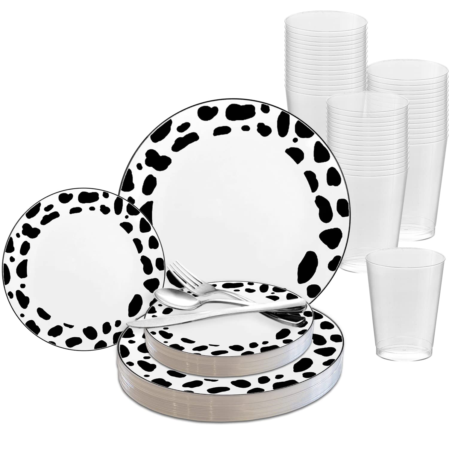 Eco-Friendly White Plastic Plates Wedding Set - 120-Piece Disposable Jungle Theme Dinnerware with Round Plates, Salad Dishes, Silver Cutlery (Spoon/Fork/Knife) & Clear Cups - Perfect for Wedding Receptions, Birthday Parties, and Outdoor Events (White with Black Dalmatian Design)