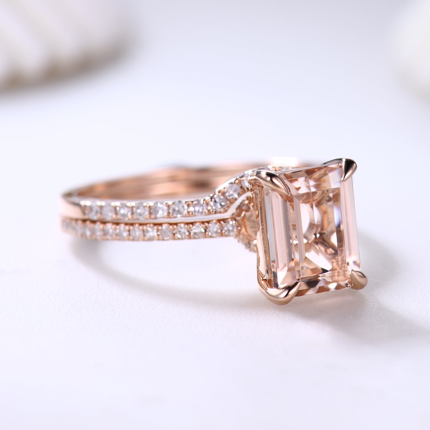 Emerald Cut Hidden Halo Morganite Engagement Ring Set with Curved Diamond Wedding Band - Perfect for Bridal Jewelry, Proposal, Anniversary & Special Occasions