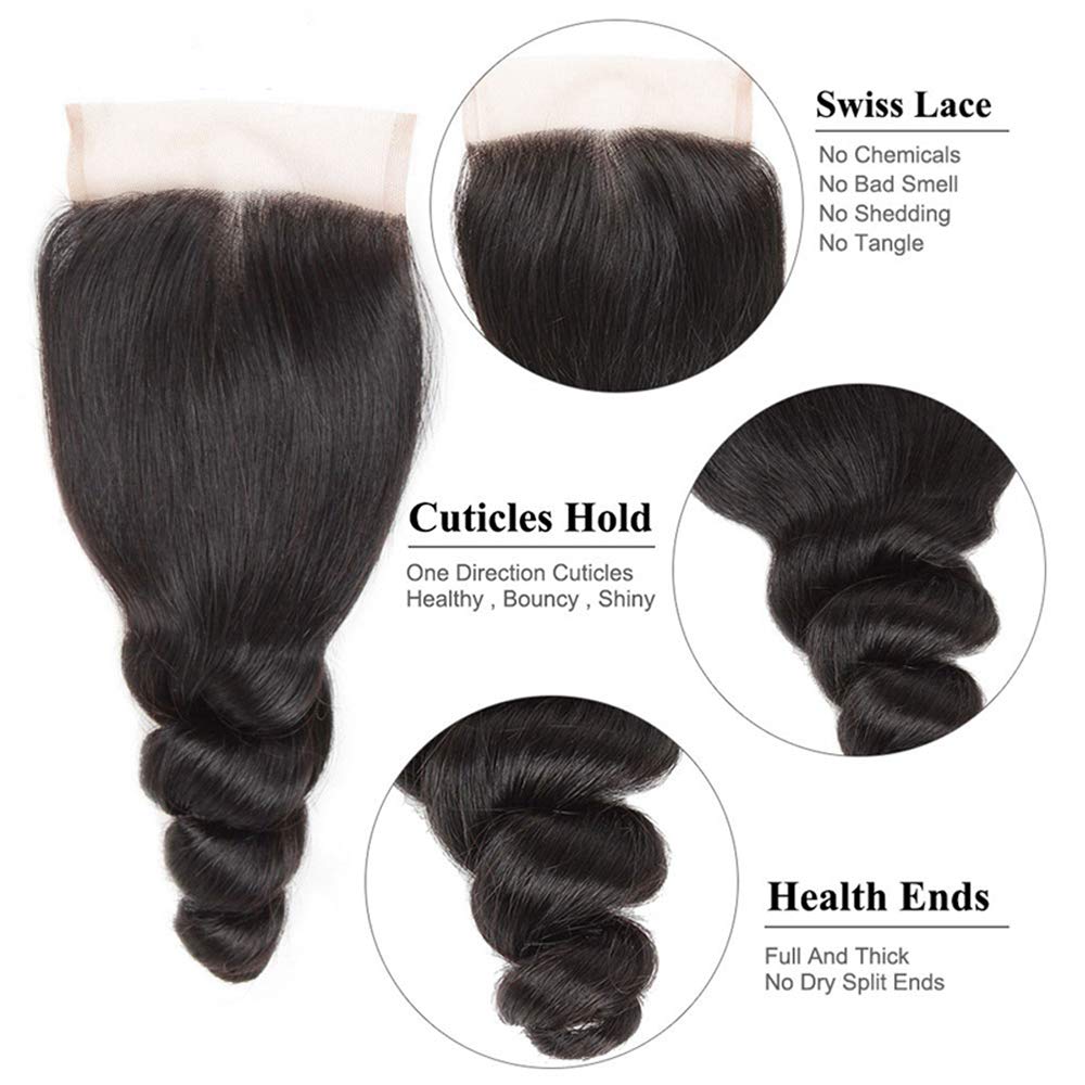 8A Brazilian Virgin Human Hair Loose Wave Bundles with 4x4 Lace Closure - 100% Unprocessed Human Hair Extensions (28+28+28+20) for Natural Volume & Styling | Perfect for Weaves, Ponytails & Everyday Hairstyles