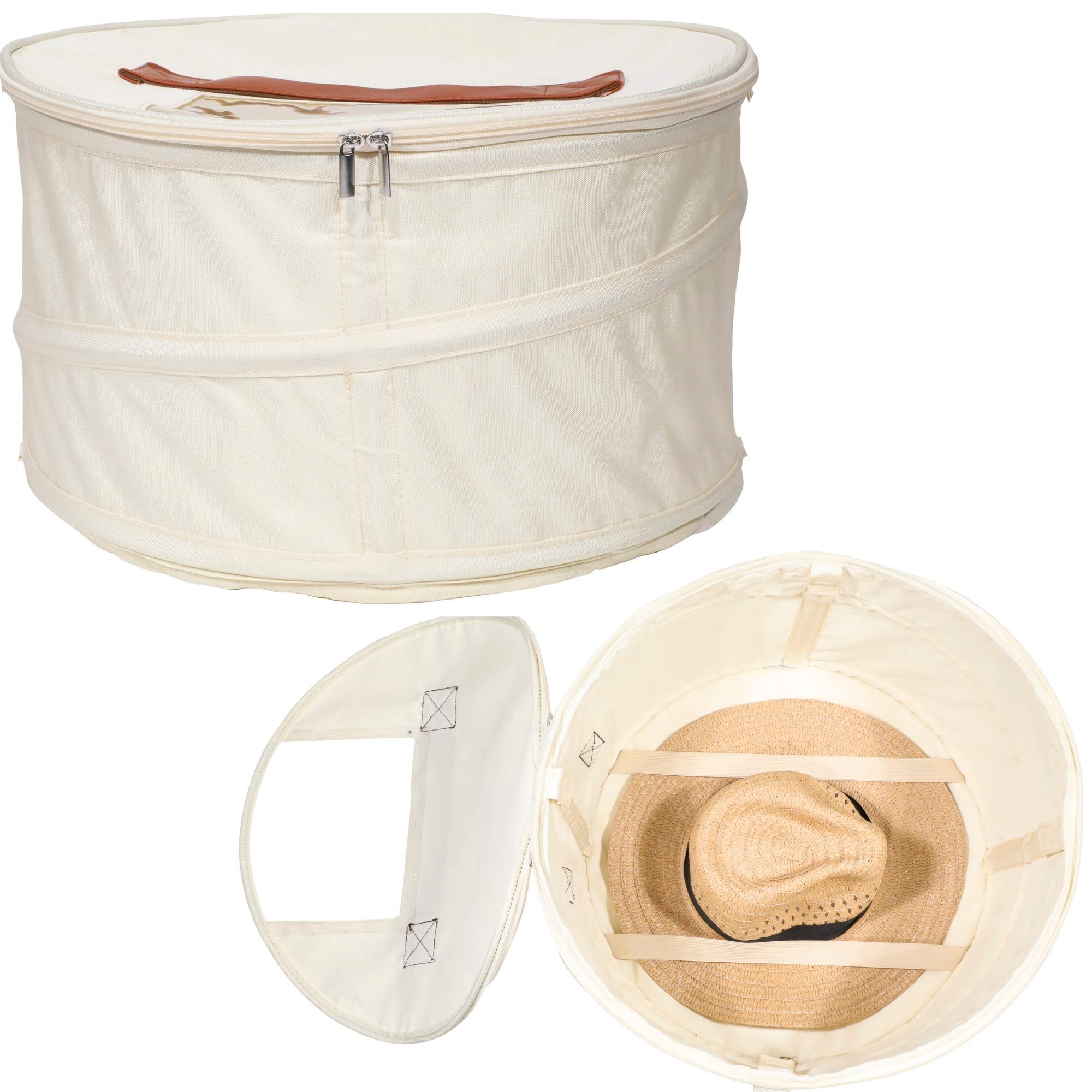 Stackable Round Pop-Up Hat Storage Box with Lid - Dustproof Closet Organizer for Cowboy, Sun & Beach Hats - Travel-Friendly Container for Men & Women - Perfect for Home, Office & Travel Organization (Ivory, 1 Pack)
