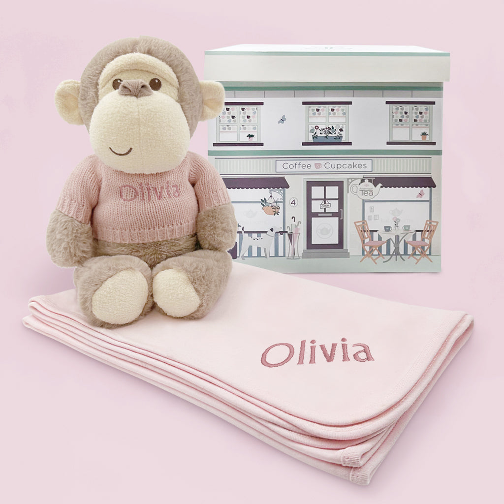 Personalized Morris Monkey Plush Stuffed Animal with Cozy Snuggle Wrap - Pink Cuddly Toy for Babies, Kids & Nursery Decor | Perfect Gift for Birthdays, Baby Showers & Christmas