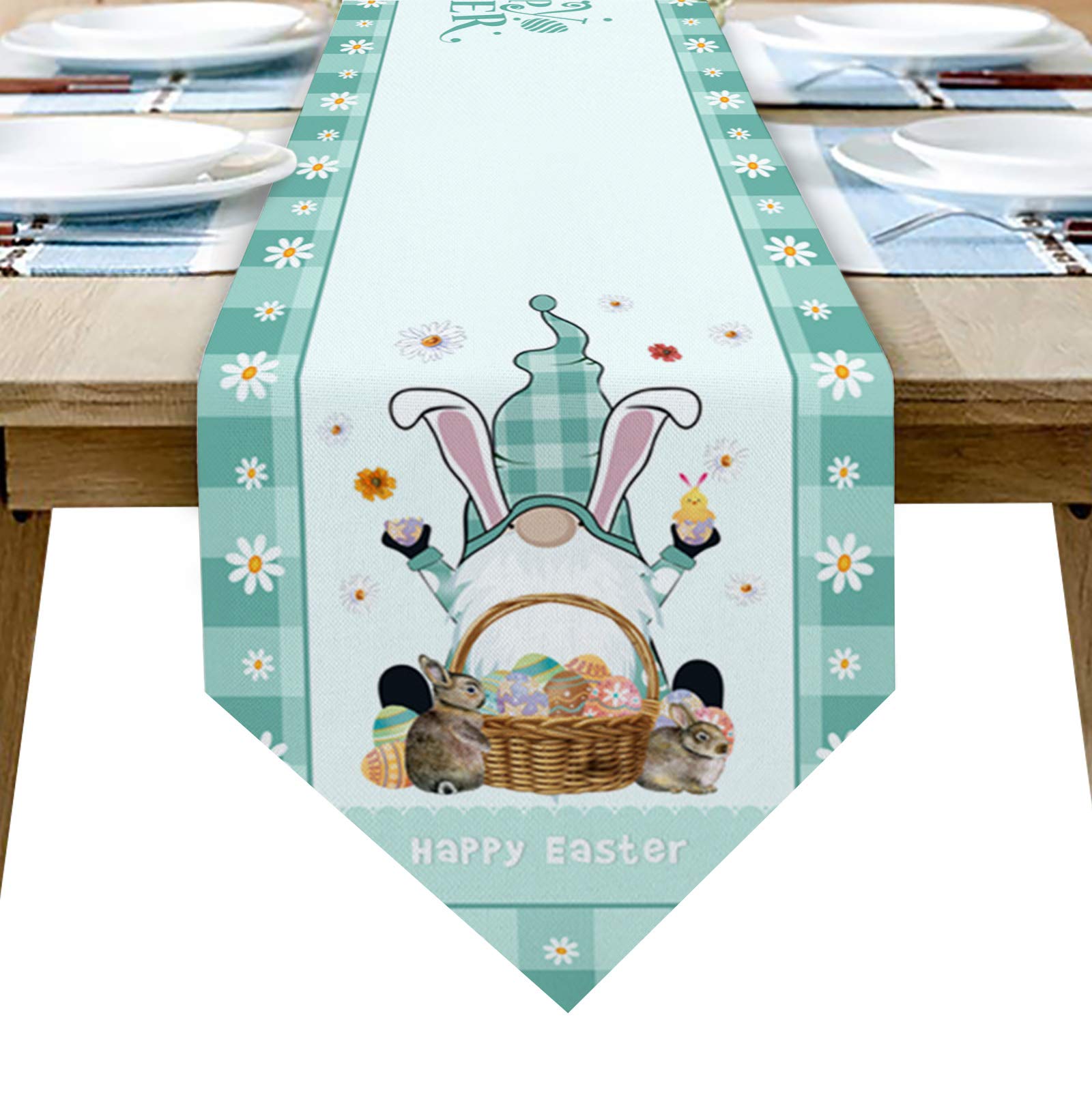 ALAGEO Easter Gnome Table Runner - Bunny Ears Gnome Decorative Runner, Machine Washable Teal Green Check Plaid Dresser Scarf (14x72 Inch) for Spring Easter Holiday Dinner Parties, Home Decor & Seasonal Table Setting