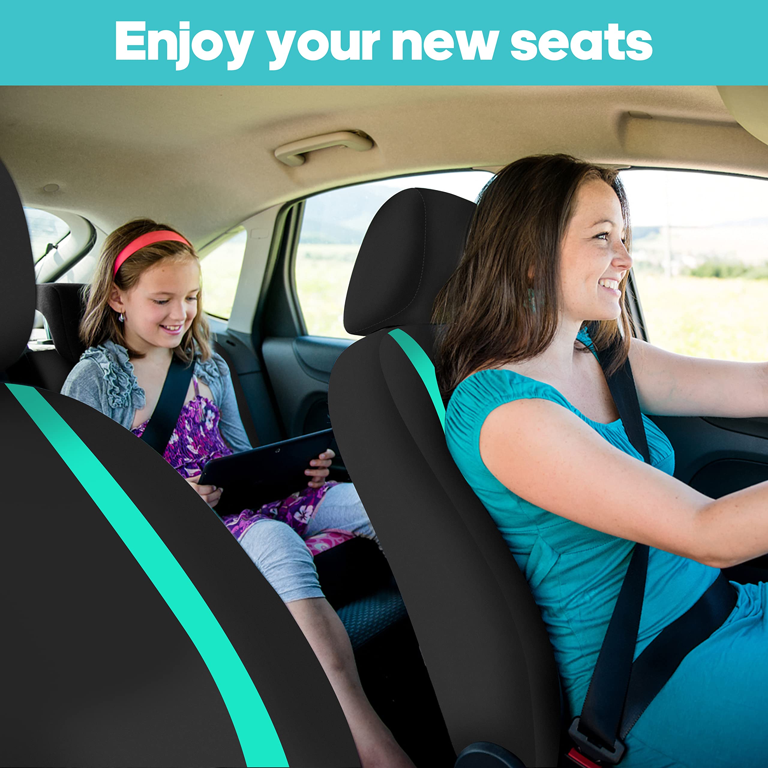 FH Group Universal Fit Car Seat Covers Full Set - Breathable Cloth Front & Back Seat Protectors for SUV, Sedan, Van | Washable, Durable & Stylish Mint Green Design | Perfect for Daily Commute, Road Trips & Family Travel