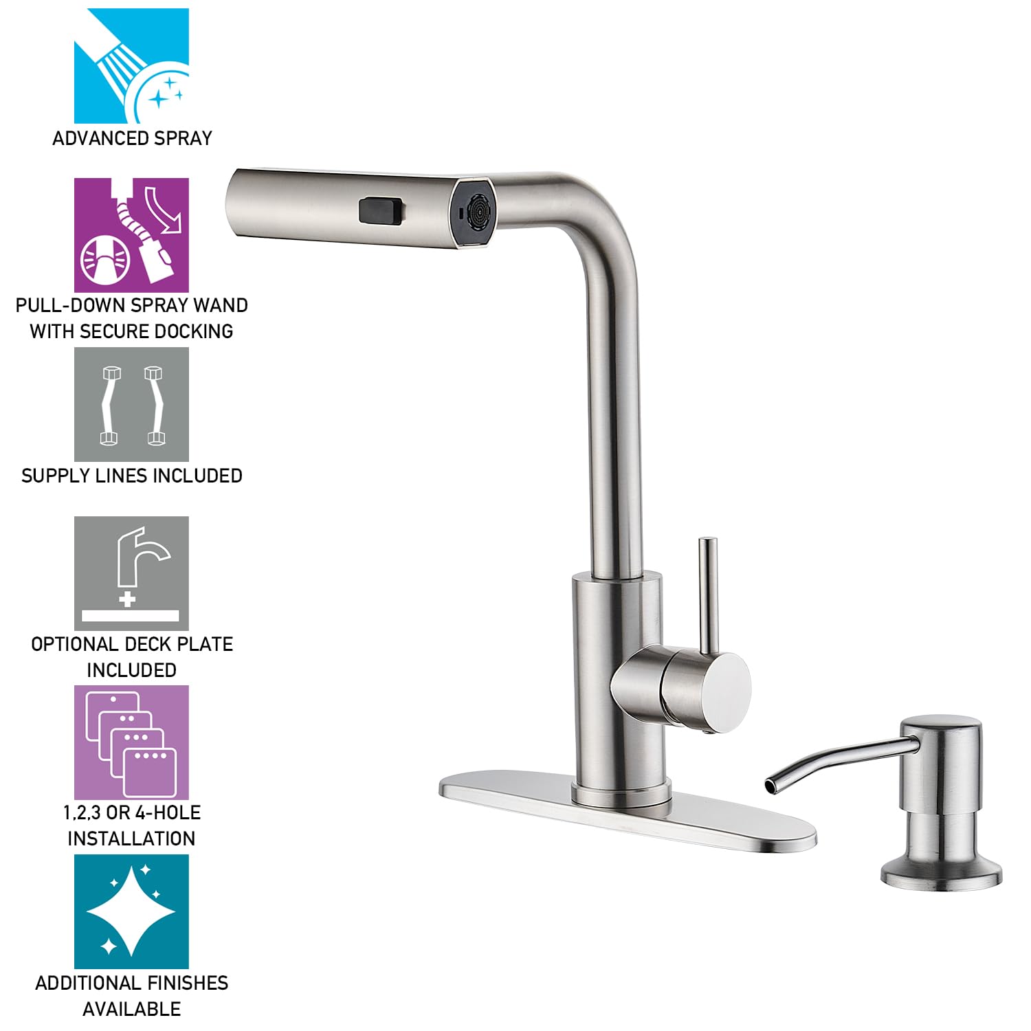 Brushed Nickel Pull Down Kitchen Faucet with Waterfall Sprayer & Soap Dispenser - Single Hole Stainless Steel Modern Single Handle Sink Faucet - Perfect for Home Kitchen, Restaurant, and Commercial Use