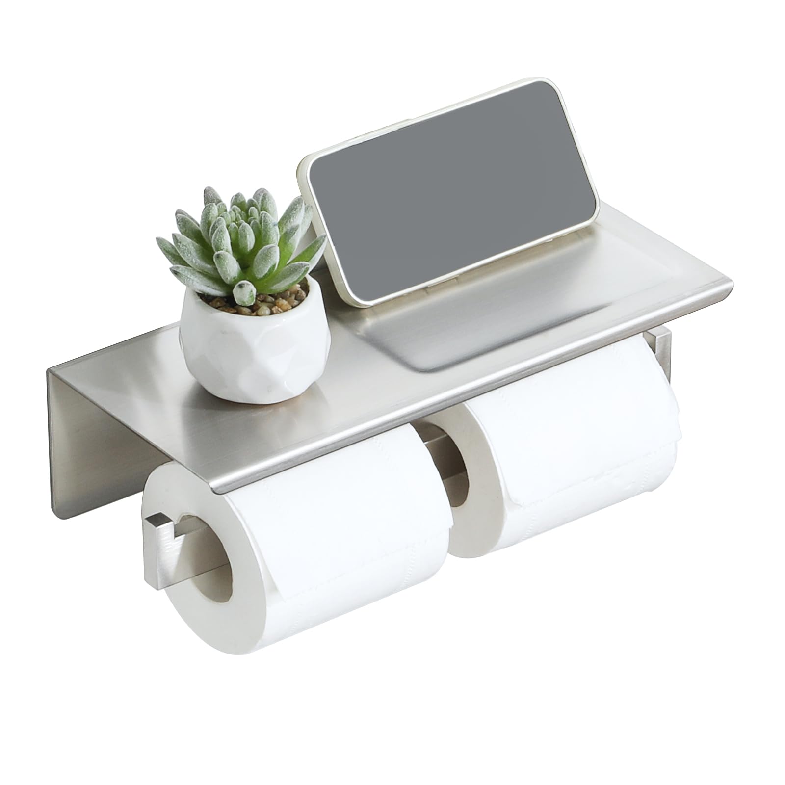 Alise Double Toilet Paper Holder - SUS304 Stainless Steel Bathroom Tissue Roll Holder with Shelf | Wall Mount or Self-Adhesive Installation | Brushed Nickel Finish | Perfect for Small Bathrooms, Powder Rooms & RVs