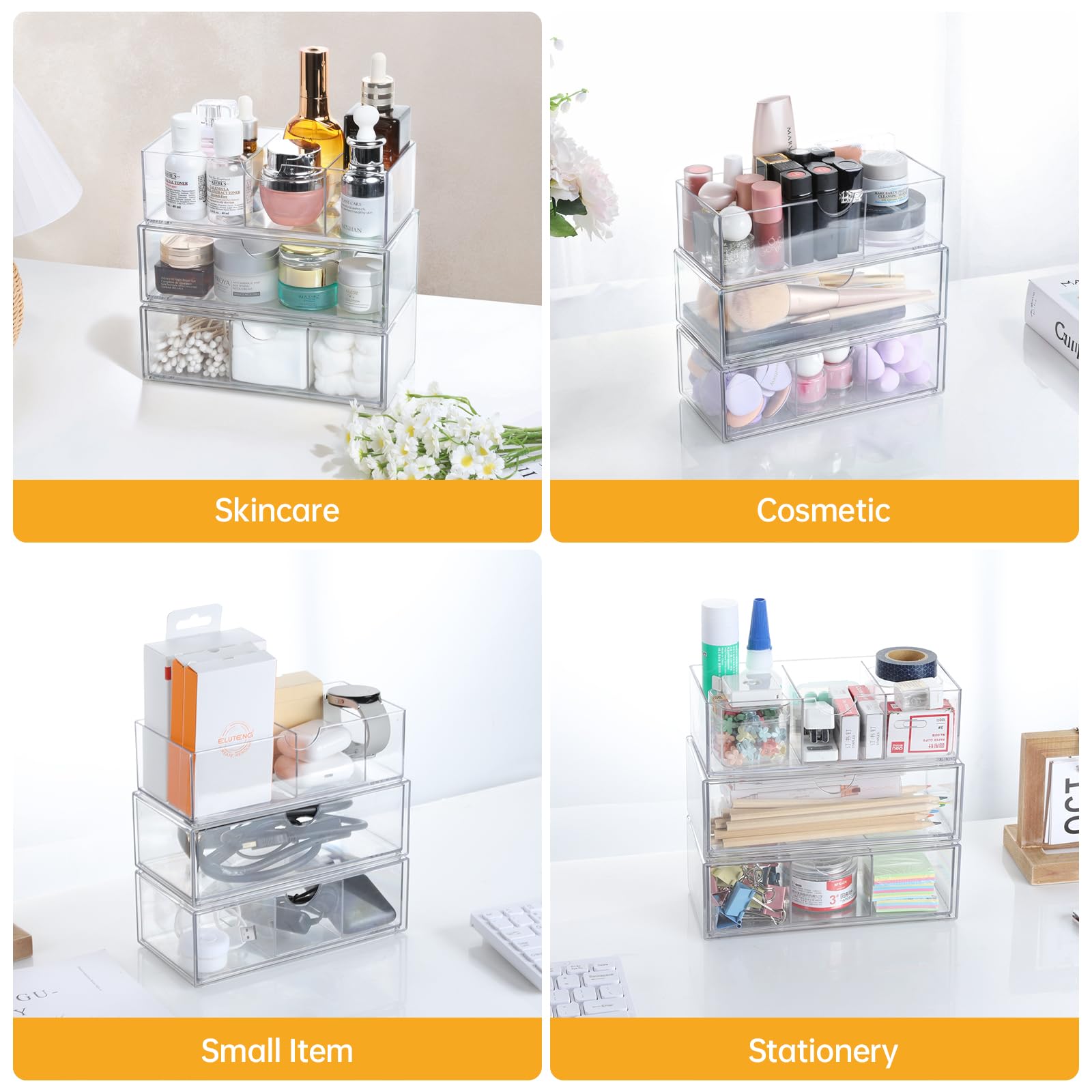 3-Pack Clear Plastic Stackable Medicine Cabinet Organizer with 2 Drawers & Removable Dividers - Bathroom Wall Cabinet Storage for Vanity, Countertop & Mirror Cabinet Organization (Perfect for Small Spaces & Clutter-Free Bathrooms)
