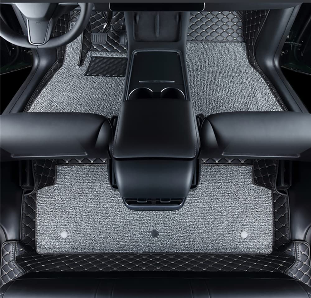 Premium All-Weather Floor Mats for Tesla Model Y (2020-2025) - Luxury Leather & Carpet Liners - 5-Seater Custom Fit - Black/Beige - Perfect for Daily Commute, Road Trips & Family Adventures