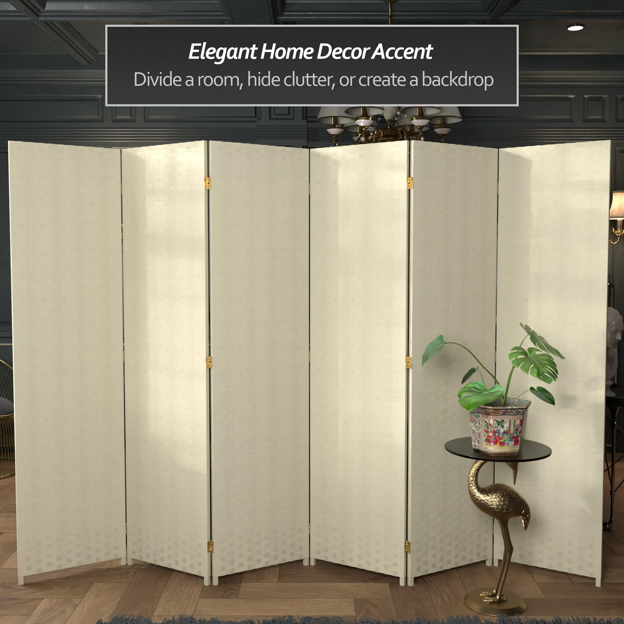 6 ft. Tall Woven Fiber Red Lantern Room Divider - 6 Panel Cream Folding Screen for Home Decor, Office Partition & Asian-Themed Events