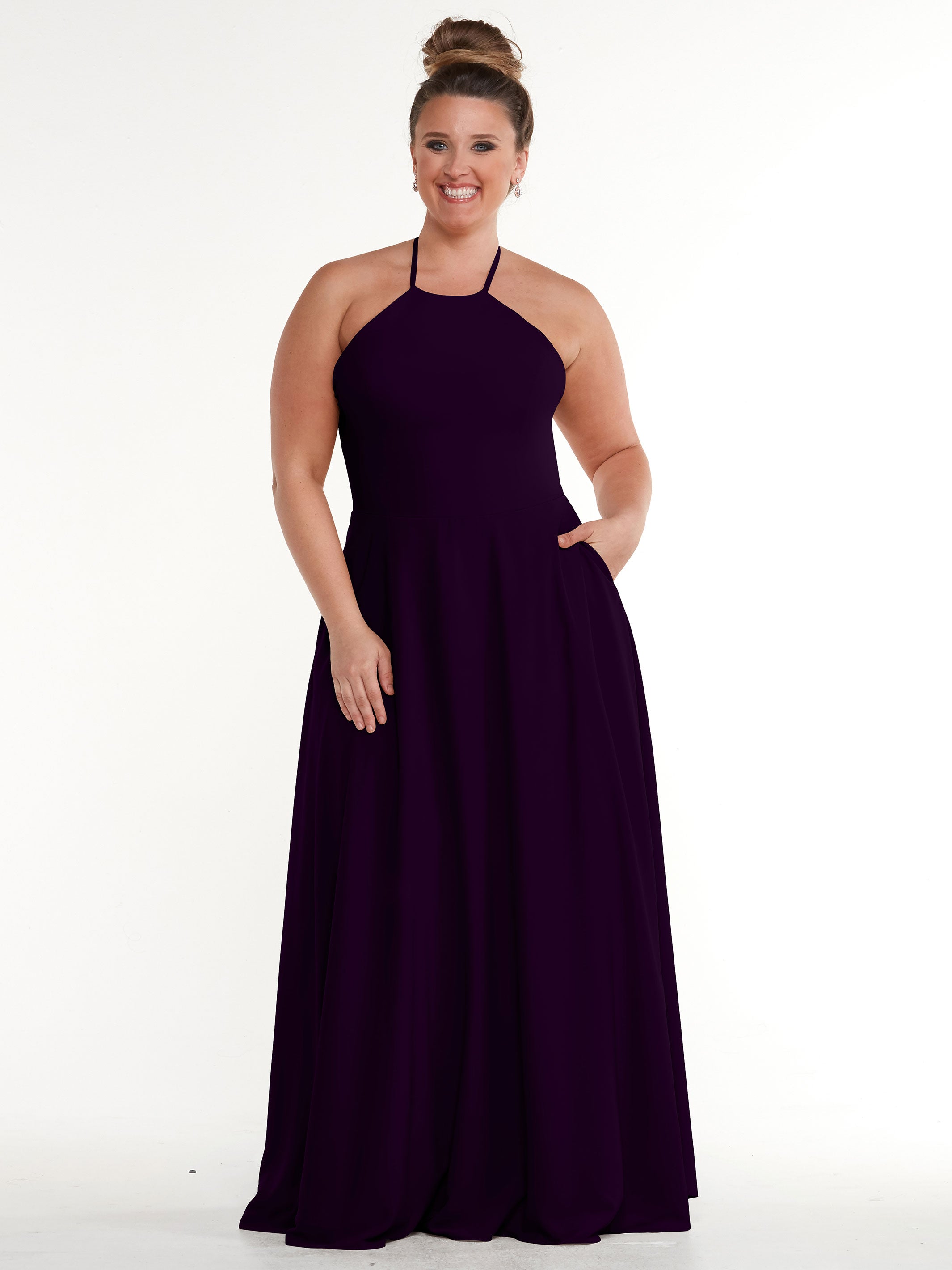 Elegant 83022 Stretch Chiffon Halter A-Line Bridesmaid Dress with Pockets - Perfect for Weddings, Parties & Formal Events