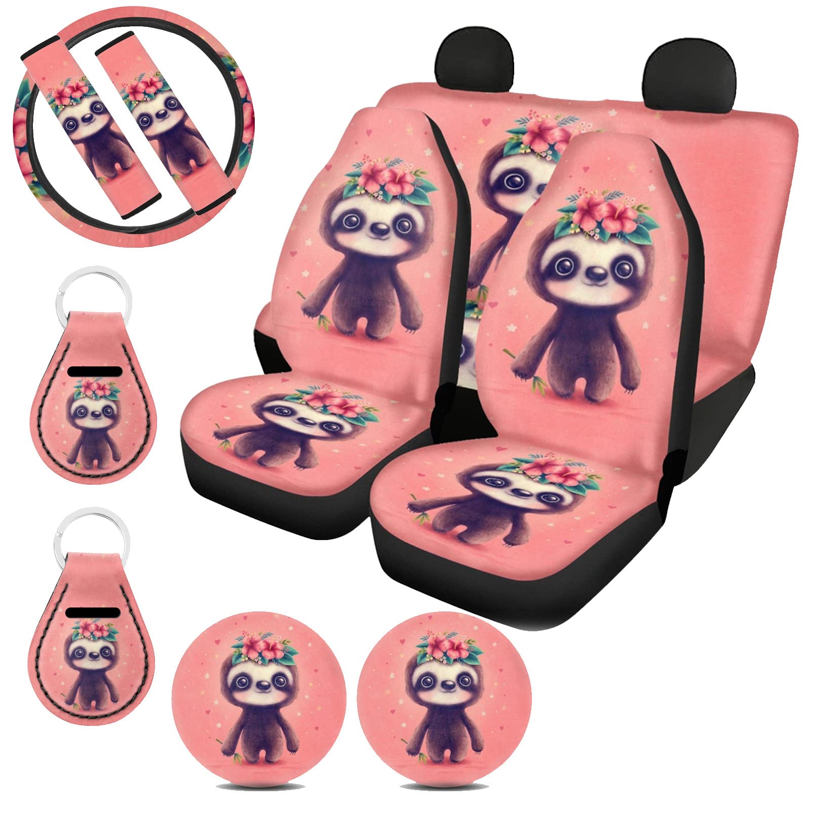 UZZUHI Pink Floral Sloth Print Car Interior Accessories Set - Front & Rear Seat Covers, Steering Wheel Wrap, Seat Belt Cover, Cup Holder Coaster & Keychains for Women | Cute Car Decor for Girls, Teens & Women | Perfect for Daily Commute, Road Trips & Gift Giving