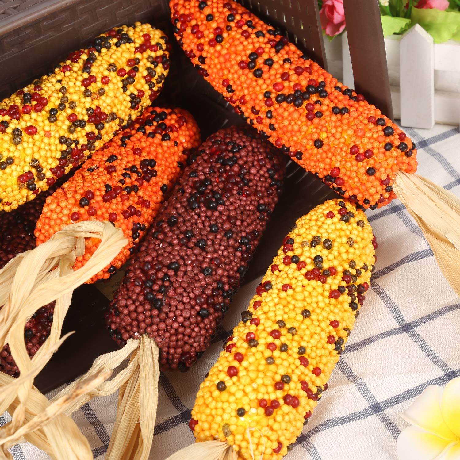 6 Pack Artificial Corn Decorations - Indian Corn Design for Fall Harvest, Thanksgiving, and Home Decor
