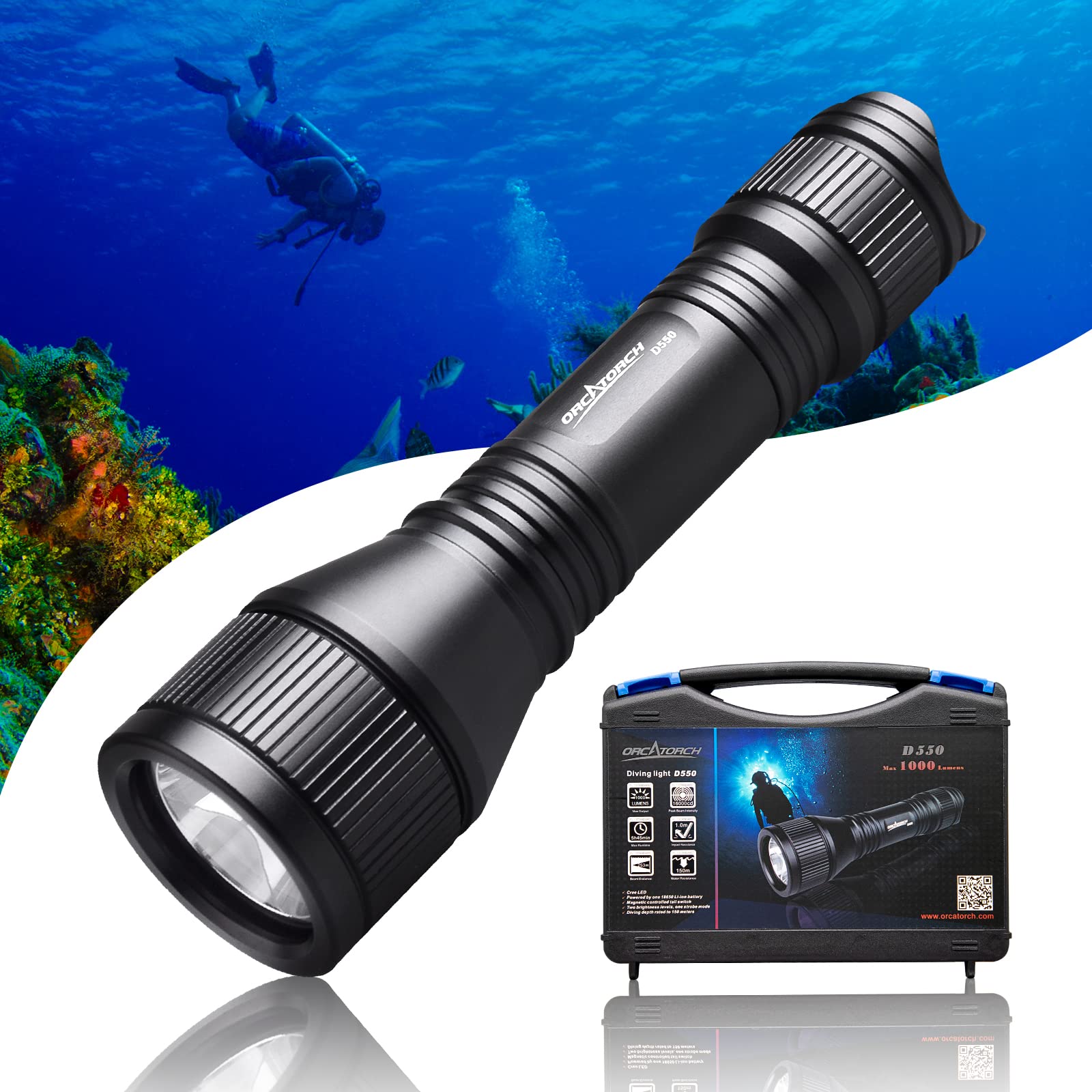 ORCATORCH D550 Scuba Dive Light - 1000 Lumens Waterproof Flashlight with 3 Modes, IP68 Submersible Torch for Diving, Snorkeling & Underwater Exploration | Wrist Strap for Hands-Free Use
