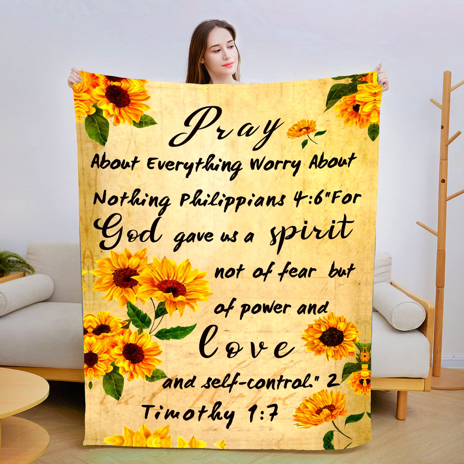 **Inspirational Sunflower Throw Blanket with Bible Verse - Christian Gift for Women & Men, Religious Graduation & Encouragement Gift - Cozy Prayer Blanket for Home, Church & Daily Comfort**