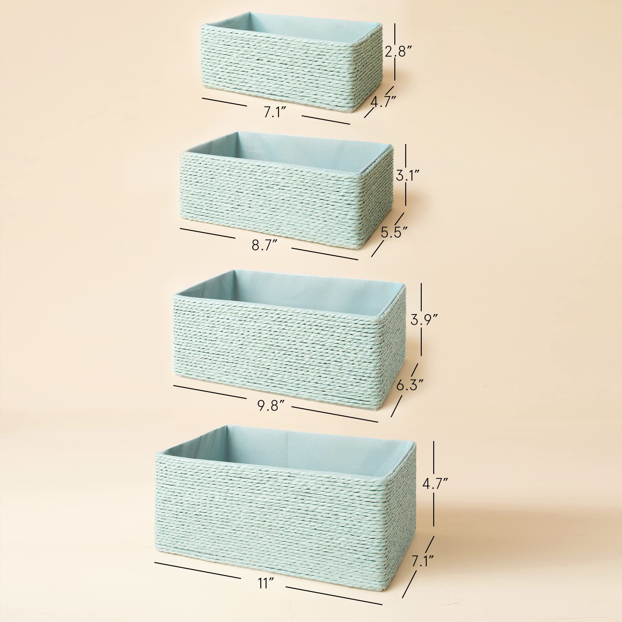 LA JOLIE MUSE 4-Piece Stackable Woven Storage Basket Set - Natural Paper Rope Bins for Makeup, Closet, Bathroom & Bedroom Organization (Light Green) | Perfect for Home Decor, Nursery Storage & Laundry Room Essentials