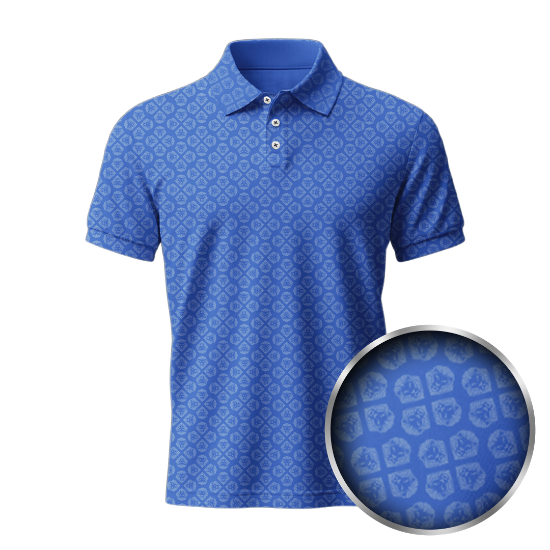 Lion Shield Royal Blue & Grey Pattern Short Sleeve Polo Shirt for Men - Classic Fit Casual Wear for Golf, Office & Summer Outings