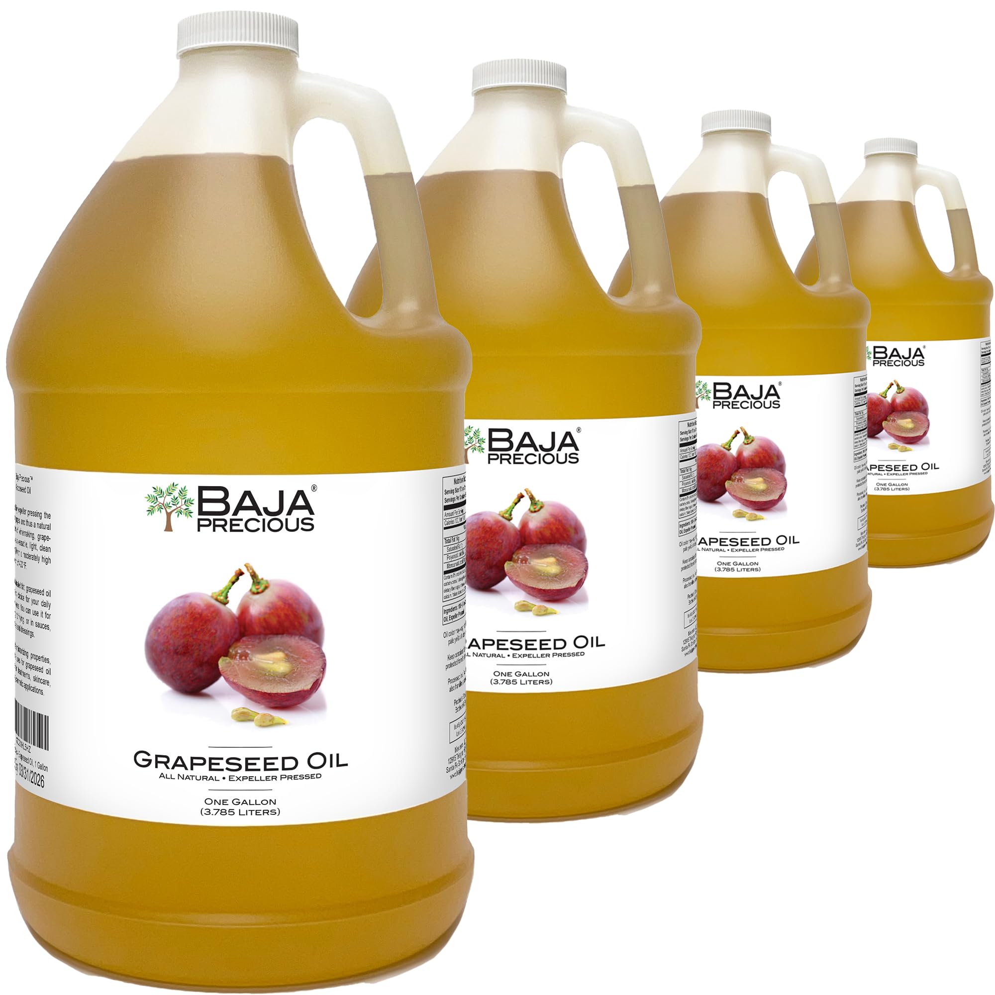 Baja Precious Grapeseed Oil - 100% Pure, Cold Pressed, Non-GMO - 4 Pack (1 Gallon Each) for Cooking, Baking, Skincare & Hair Care