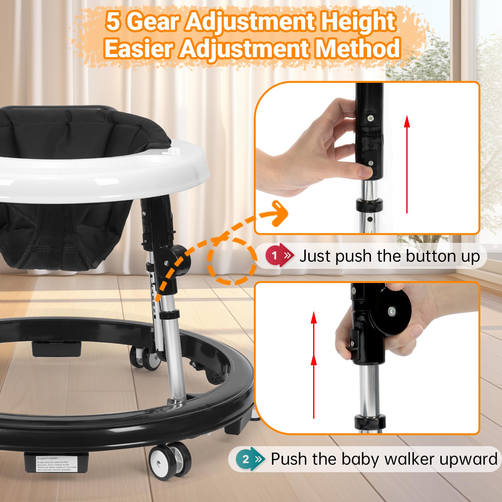 Foldable Music & Lights Baby Walker with 9 Adjustable Heights - Portable Wheeled Activity Center for Boys & Girls 7-18 Months (New Black) - Perfect for Learning to Walk & Indoor Playtime