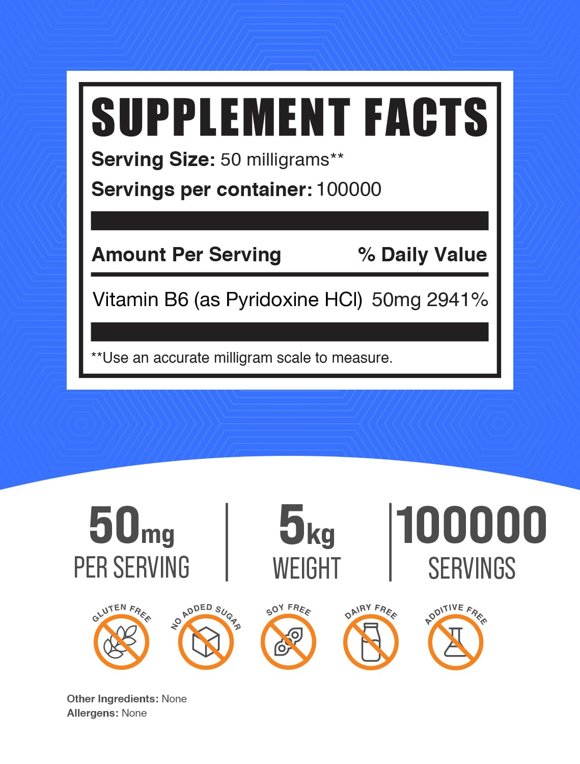 BulkSupplements.com Pure Vitamin B6 (Pyridoxine HCl) Powder 5kg (11 lbs) - 50mg per Serving for Immune Support & Nervous System Health - Gluten Free, Non-GMO - Perfect for Smoothies, Protein Shakes & Baking Recipes