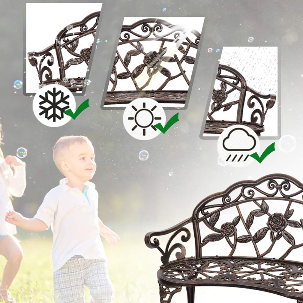 DKeli Outdoor Metal Garden Bench with Floral Rose Accent - Aluminum Patio Bench for Park, Yard, Deck & Entryway - Durable Porch Seating Furniture for Gardens, Backyards & Outdoor Spaces