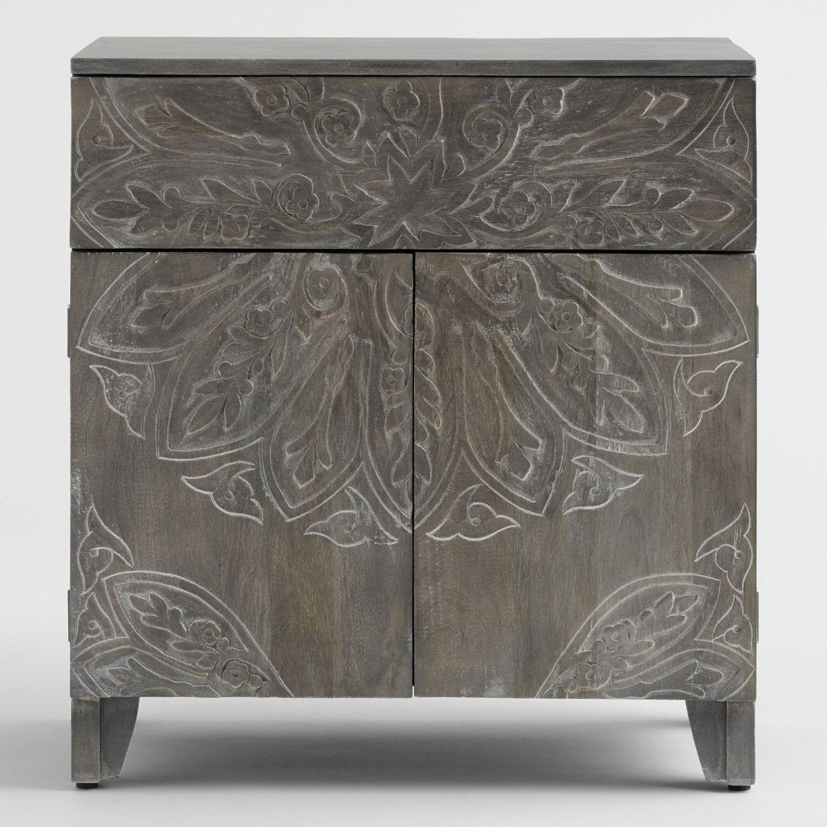 Handmade Floral Medallion Carved Tara Cabinet - Grey Wooden Small Sideboard for Living Room, Bedroom & Entryway Storage