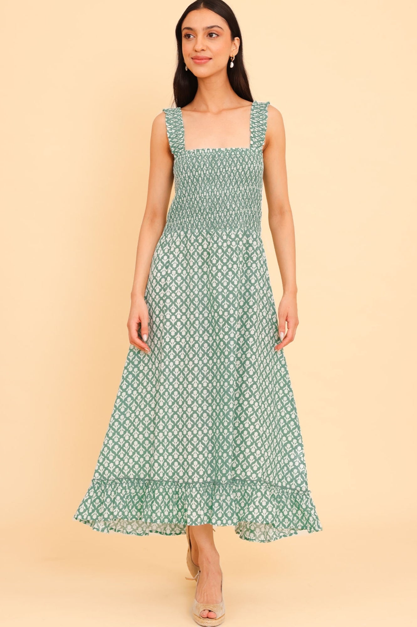 Rhianna Organic Cotton Dress - Eco-Friendly Women's Summer Dress in Sage Green & White | Perfect for Casual Outings, Beach Wear, and Boho Fashion