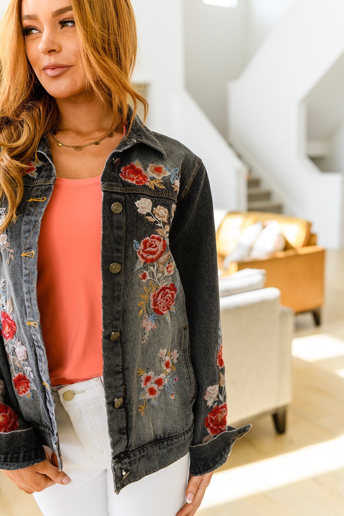 Stylish Floral Embroidered Denim Jacket for Women - Trendy Spring & Fall Outerwear for Casual Outings & Date Nights