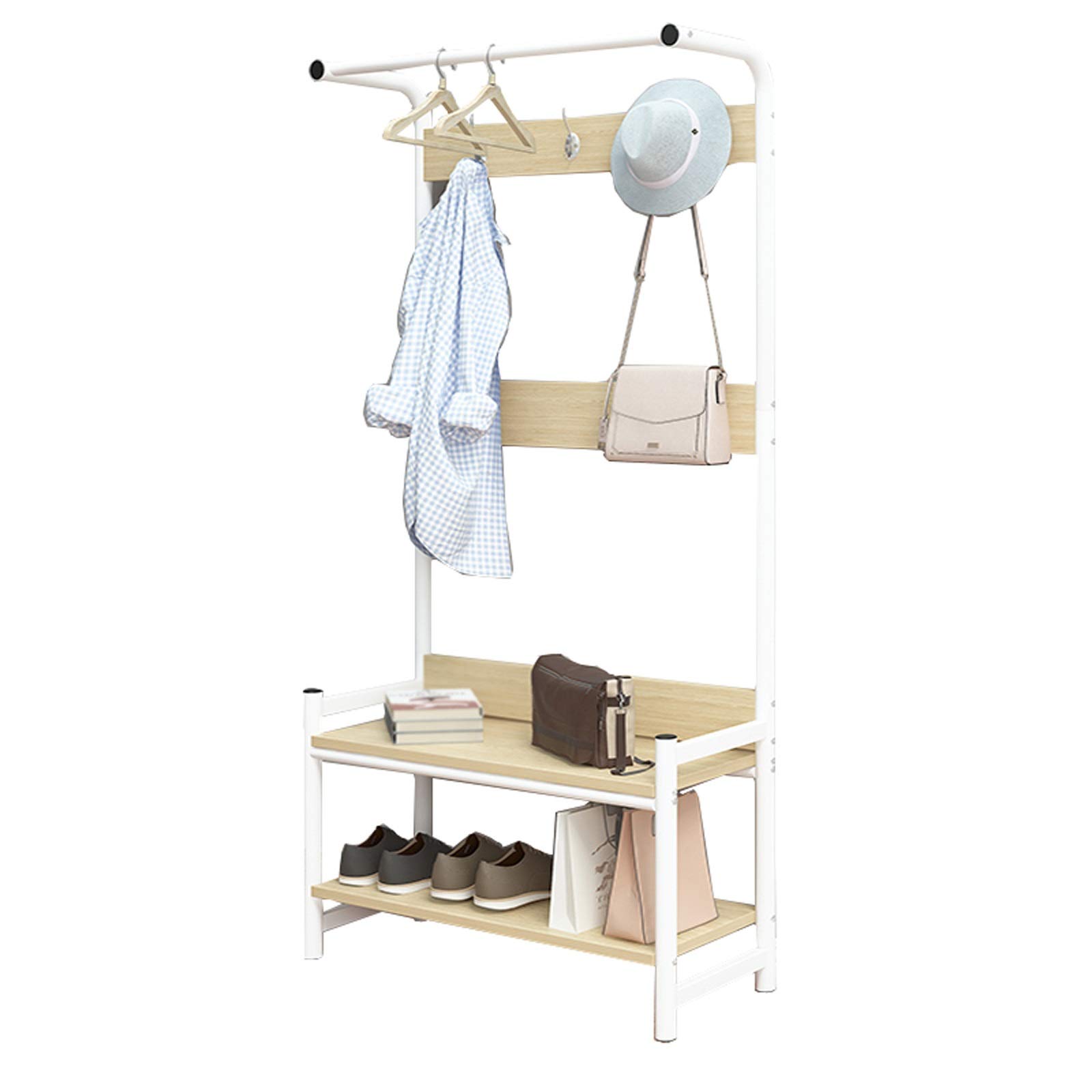2-Tier Shoe Rack with Coat Hooks & Storage Bench - 63x25x162cm Entryway Organizer for Living Room, Hallway, Bedroom - Space-Saving Shoe Cabinet & Locker (Color A) - Perfect for Small Apartments & Mudroom Storage